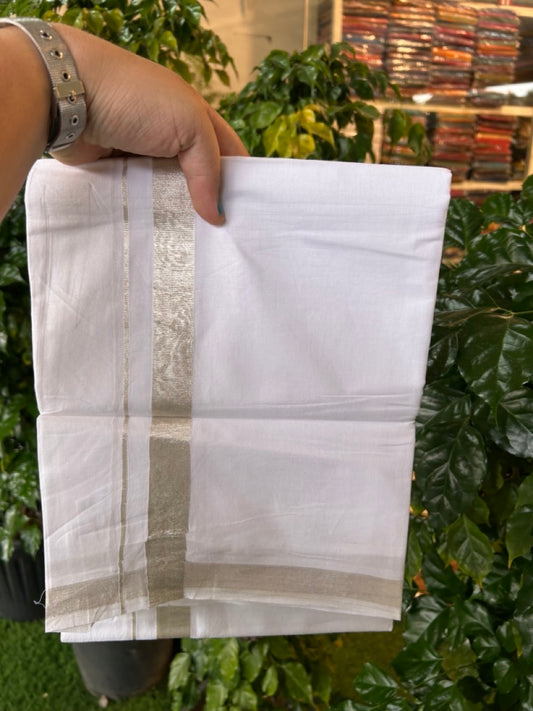 20% Discount ! KaithariKada Balaramapuram 100% Cotton Double Pure white Mundu/Dhoti- 100x80 - 1 inch Silver Kasav Kara - 3.90mtr ( 8 muzham) - 2 KK5251 PMC 