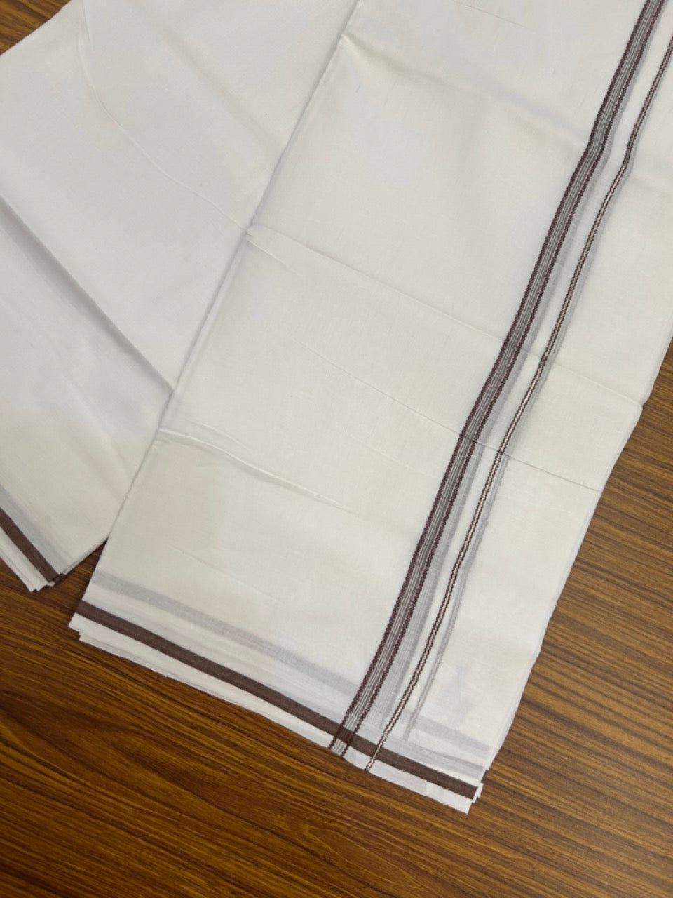 20% Discount ! Kaitharikada Balaramapuram 100% Cotton Pure White Double Mundu/Dothi - 100x80 - 0.25 inch Silver Kasav & Brown Striped Design Kara 3.90 mtr (8 muzham) - 72 KK5285 VAS