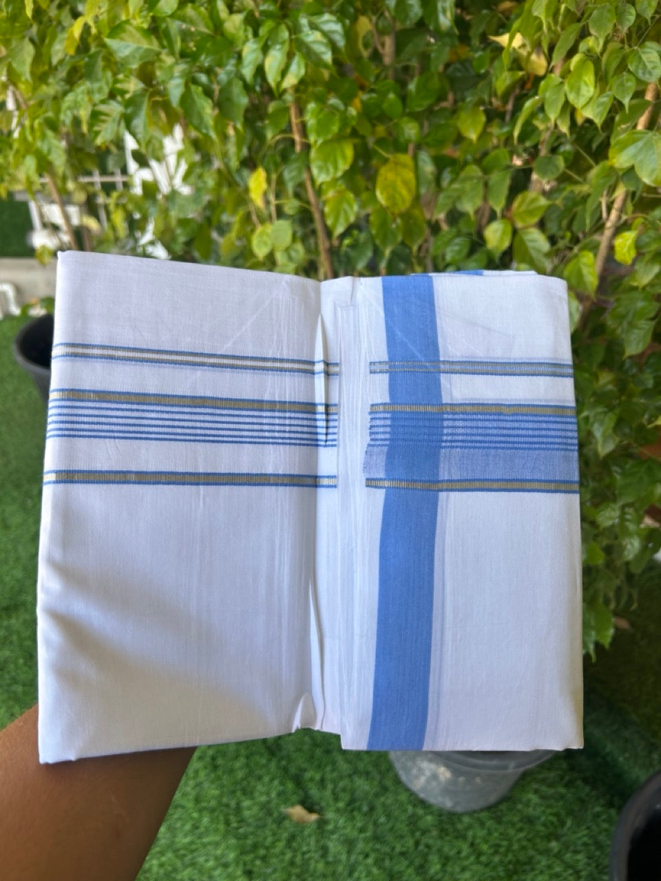 25% DISCOUNT! KaithariKada Balaramapuram 100% Mercerised Cotton Double ULTRA PURE white Mundu/Dhoti - 120x120 - 1.75 inch Heavy Chutty Silver Kasavu & Light Blue Shaded Kara - 5KK5139THI