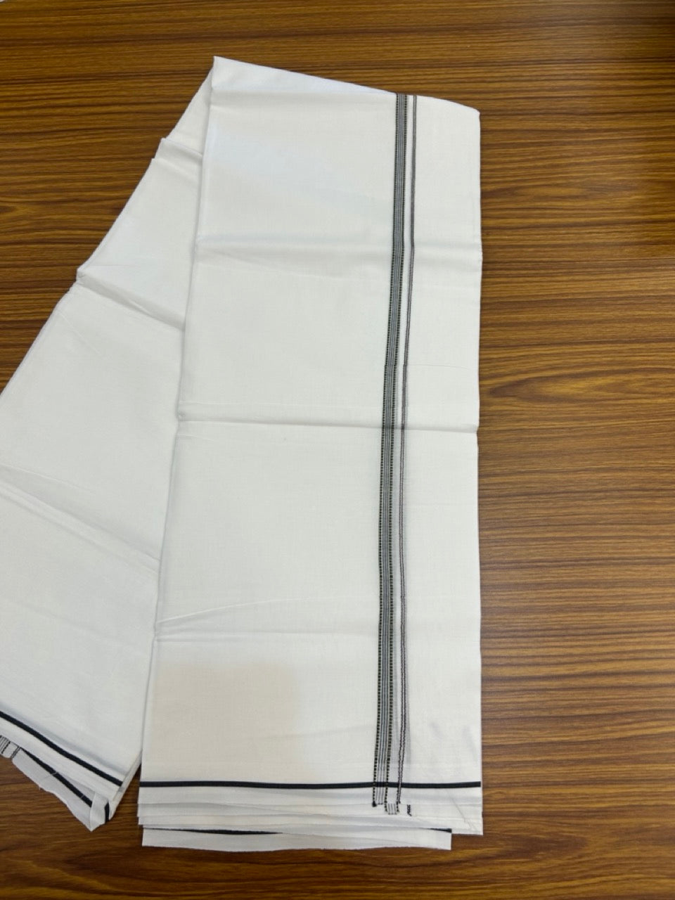 20% Discount ! Kaitharikada Balaramapuram 100% Cotton Pure White Double Mundu/Dothi - 100x80 - 0.25 inch Silver Kasav Black & Light Olive Striped Design Kara 3.90 mtr (8 muzham) - 74 KK5285 VAS