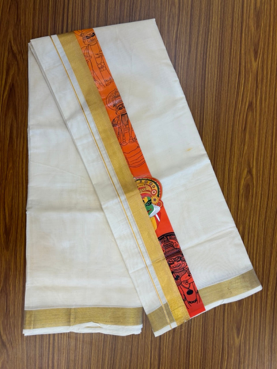 20% Discount! KaithariKada Balaramapuram Off White Double - (Unbleached) Mundu/Dhoti - Mixed Cotton (80x72) - Hand Printed Kathakali Gold Kasav Orange , Light Yellow , Red & Dark Yellow Pattern 2.75 inch Kara - 90 KK5251 PMC