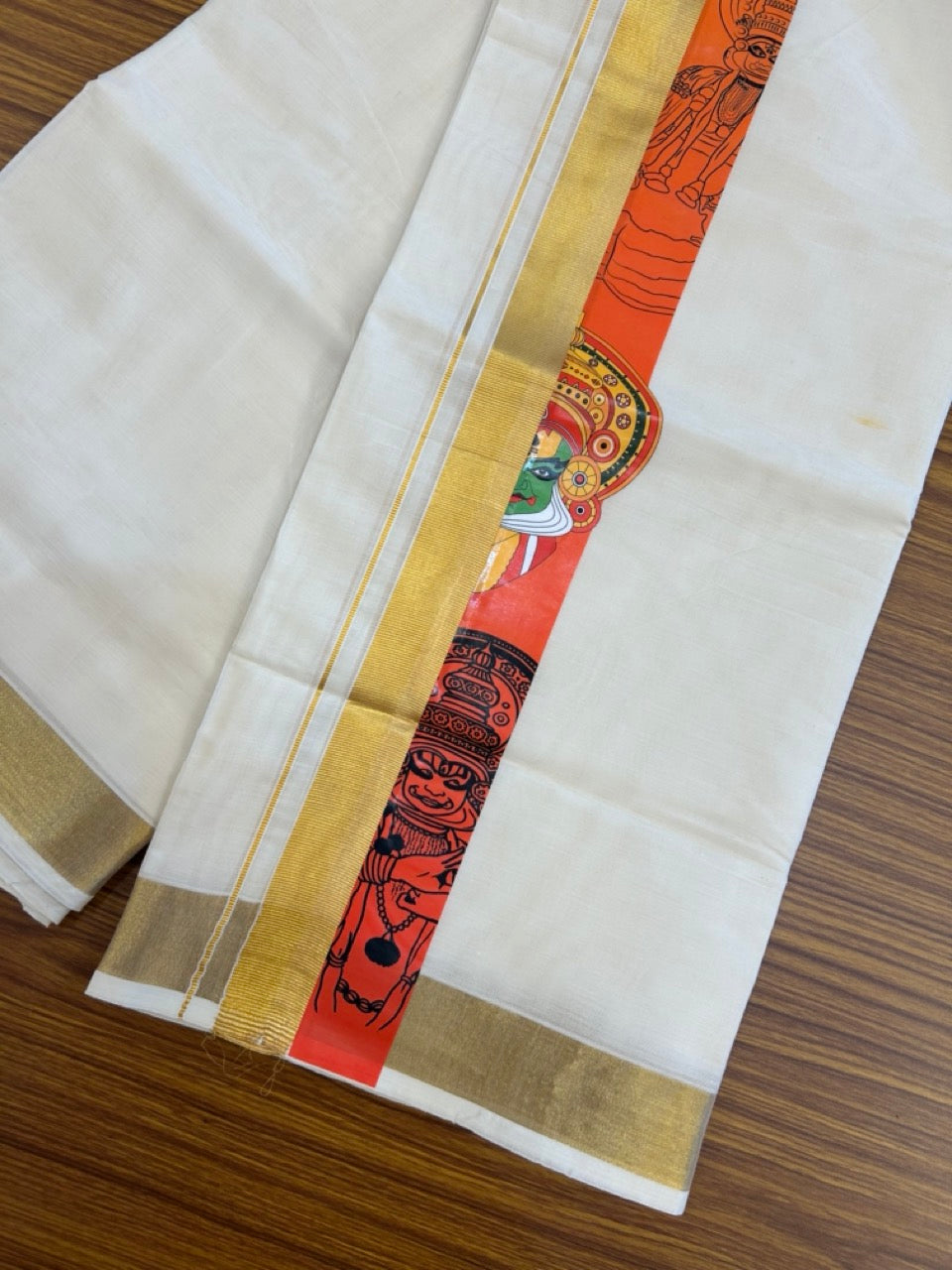 20% Discount! KaithariKada Balaramapuram Off White Double - (Unbleached) Mundu/Dhoti - Mixed Cotton (80x72) - Hand Printed Kathakali Gold Kasav Orange , Light Yellow , Red & Dark Yellow Pattern 2.75 inch Kara - 90 KK5251 PMC