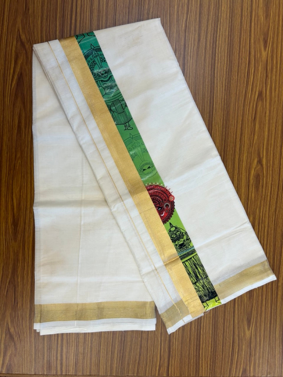 20% Discount! KaithariKada Balaramapuram Off White Double - (Unbleached) Mundu/Dhoti - Mixed Cotton (80x72) - Theyyam Hand Printed Gold Kasav Parrot Green , Dark Green , Red & Blue Pattern 2.75 inch Kara - 91 KK5251 PMC