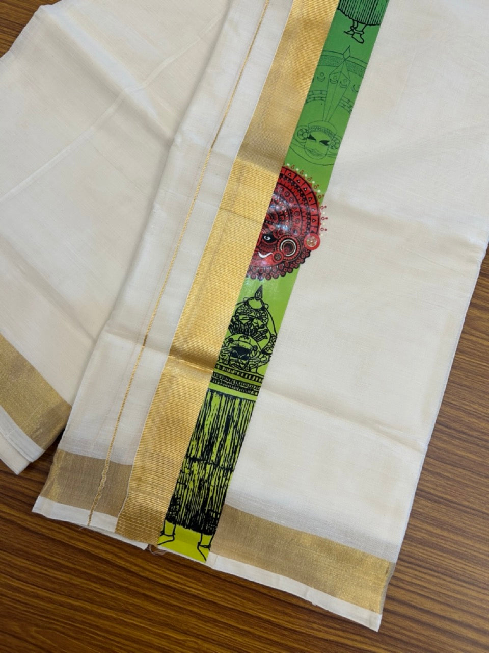 20% Discount! KaithariKada Balaramapuram Off White Double - (Unbleached) Mundu/Dhoti - Mixed Cotton (80x72) - Theyyam Hand Printed Gold Kasav Parrot Green , Dark Green , Red & Blue Pattern 2.75 inch Kara - 91 KK5251 PMC