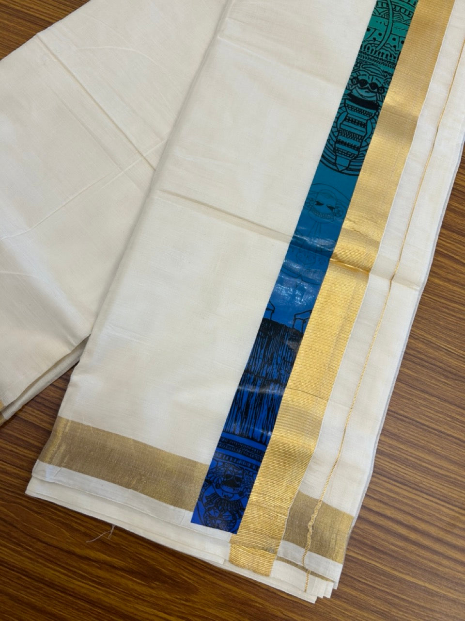 20% Discount! KaithariKada Balaramapuram Off White Double - (Unbleached) Mundu/Dhoti - Mixed Cotton (80x72) - Theyyam Hand Printed Gold Kasav Parrot Green , Dark Green , Red & Blue Pattern 2.75 inch Kara - 91 KK5251 PMC