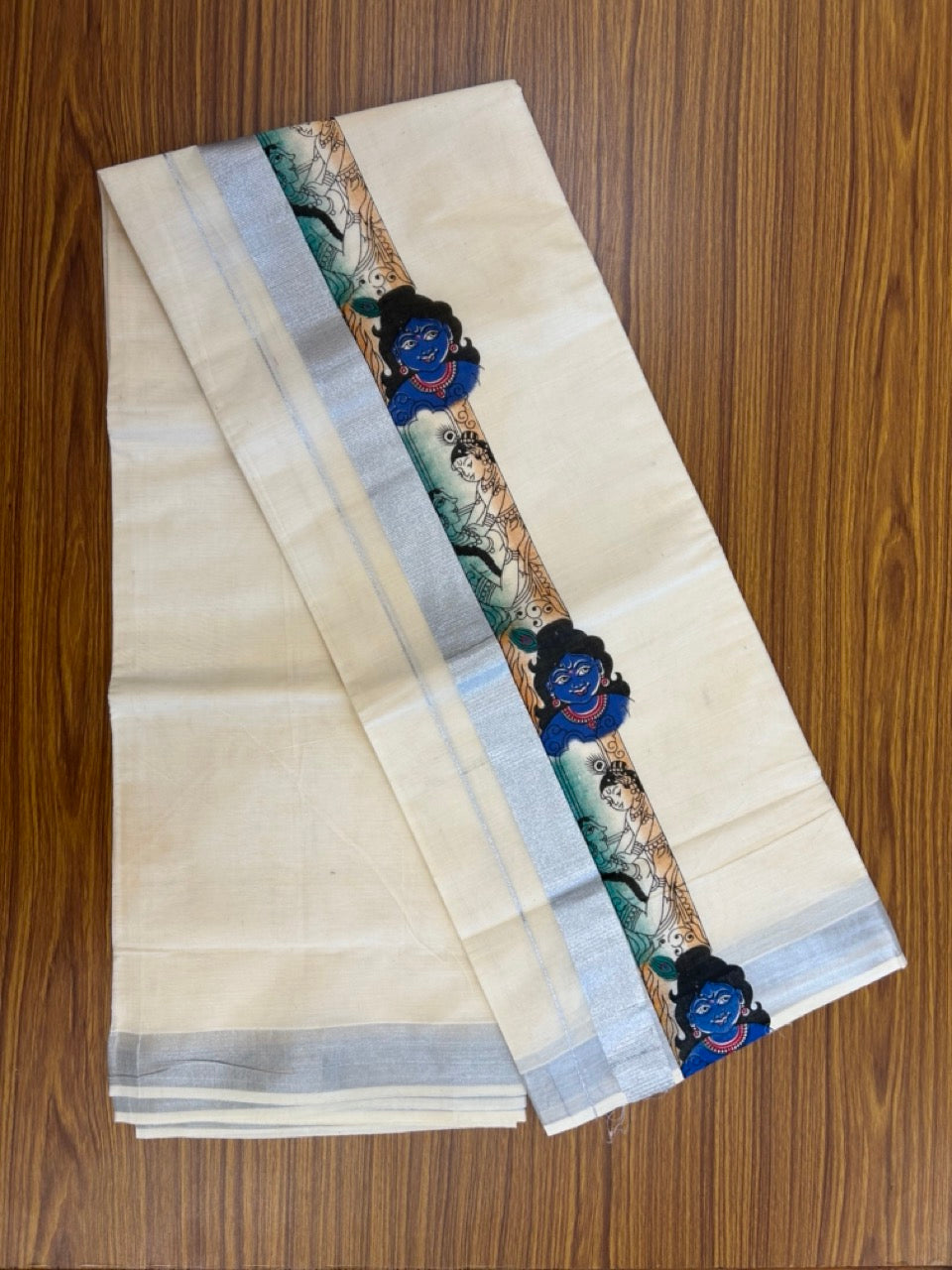 18% Discount! KaithariKada Balaramapuram Off White Double - (Unbleached) Mundu/Dhoti - Mixed Cotton (80x72) - Radha Krishna Hand Printed Silver Kasav Multi colour Pattern 2.75 inch Kara - 92 KK5251 PMC