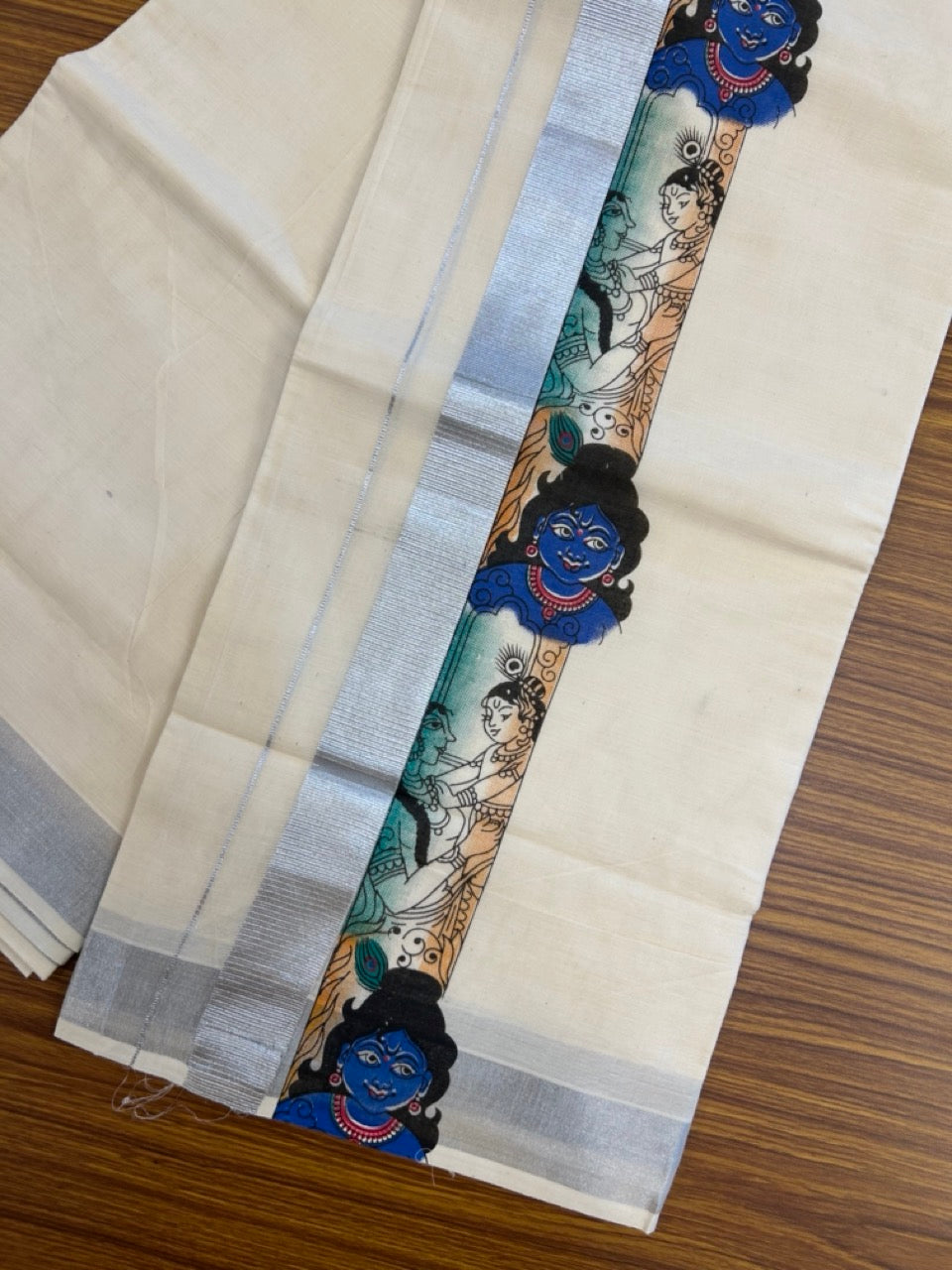 18% Discount! KaithariKada Balaramapuram Off White Double - (Unbleached) Mundu/Dhoti - Mixed Cotton (80x72) - Radha Krishna Hand Printed Silver Kasav Multi colour Pattern 2.75 inch Kara - 92 KK5251 PMC