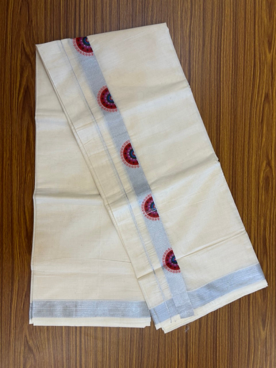 9% Discount! KaithariKada Balaramapuram Off White Double - (Unbleached) Mundu/Dhoti - Mixed Cotton (80x72) - Hand Printed Silver Kasav Multi colour design Pattern 1.5 inch Kara - 94 KK5251 PMC