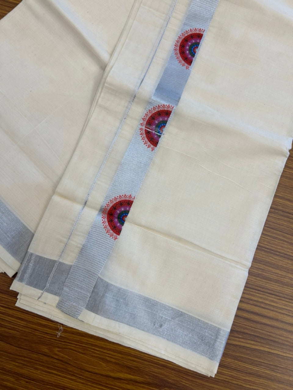 9% Discount! KaithariKada Balaramapuram Off White Double - (Unbleached) Mundu/Dhoti - Mixed Cotton (80x72) - Hand Printed Silver Kasav Multi colour design Pattern 1.5 inch Kara - 94 KK5251 PMC