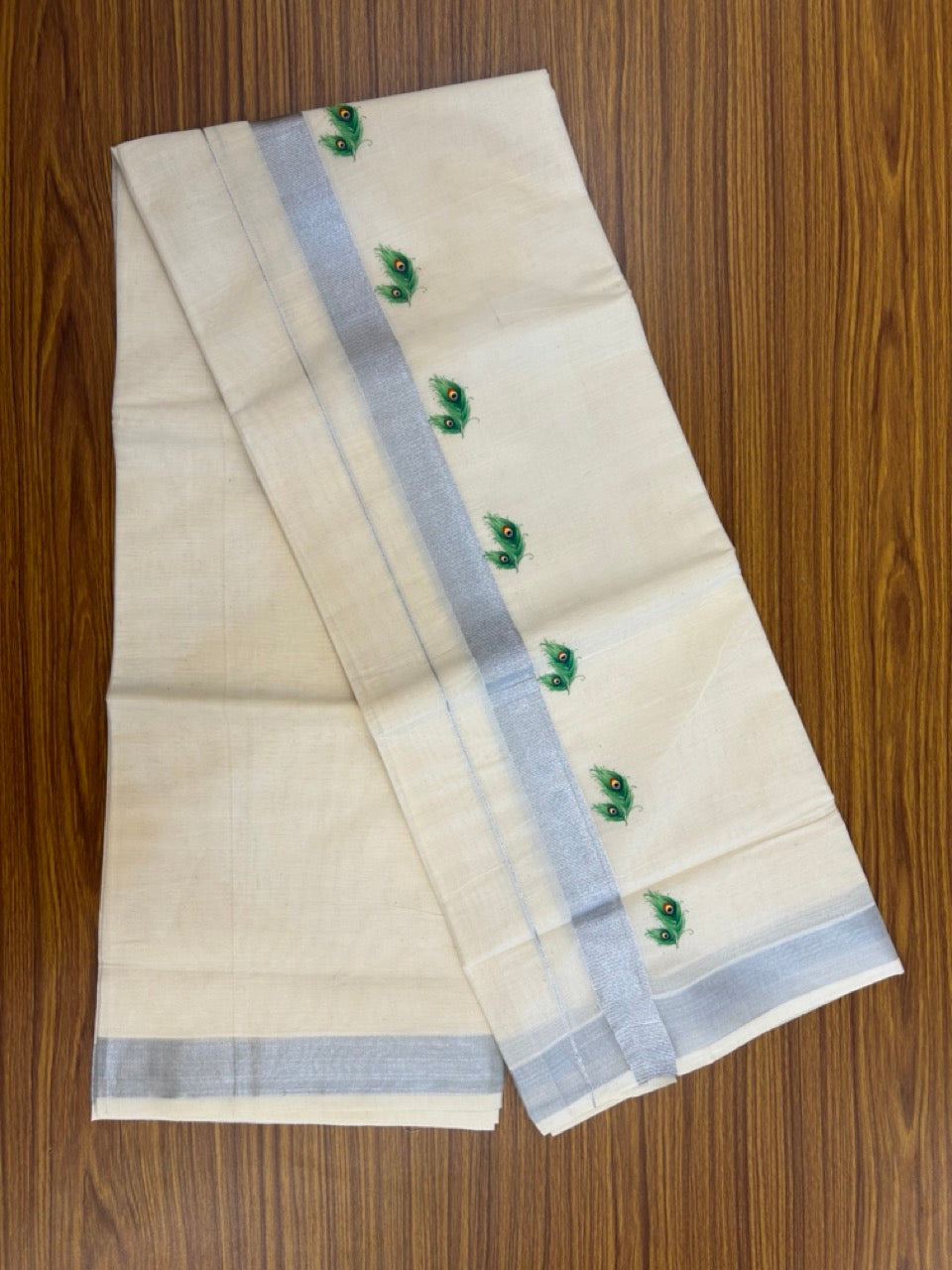 18% Discount !! KaithariKada Balaramapuram Double Off white (Unbleached) Mundu/Dhoti- Miixed Cotton (80x72) - Hand Painted Silver Kasavu Peacock feather Design 2.5 inch Kara 4 mtr (8.5 muzham) - 95 KK5251 PMC