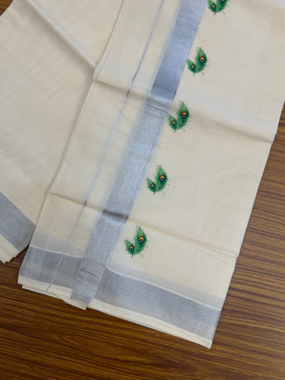 18% Discount !! KaithariKada Balaramapuram Double Off white (Unbleached) Mundu/Dhoti- Miixed Cotton (80x72) - Hand Painted Silver Kasavu Peacock feather Design 2.5 inch Kara 4 mtr (8.5 muzham) - 95 KK5251 PMC