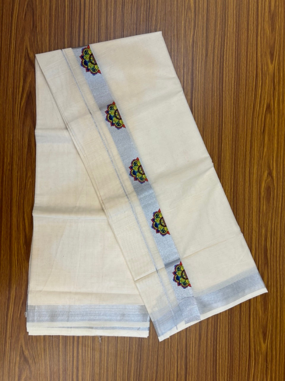 9% Discount! KaithariKada Balaramapuram Off White Double - (Unbleached) Mundu/Dhoti - Mixed Cotton (80x72) - Hand Printed Silver Kasav Multi colour design Pattern 1.5 inch Kara 4 mtr (8.5 muzham) - 96 KK5251 PMC