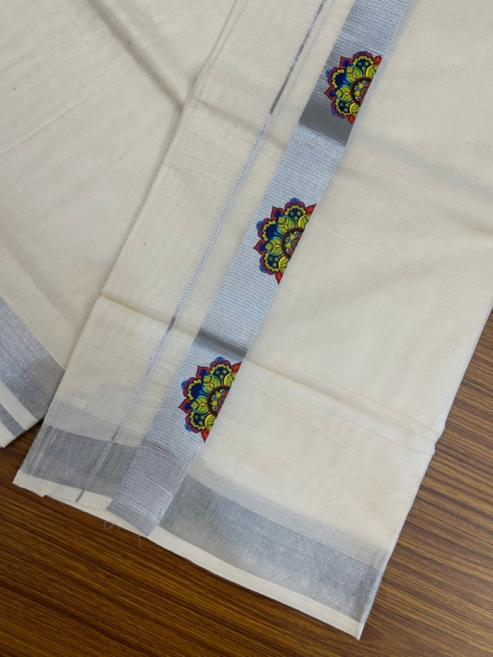 9% Discount! KaithariKada Balaramapuram Off White Double - (Unbleached) Mundu/Dhoti - Mixed Cotton (80x72) - Hand Printed Silver Kasav Multi colour design Pattern 1.5 inch Kara 4 mtr (8.5 muzham) - 96 KK5251 PMC