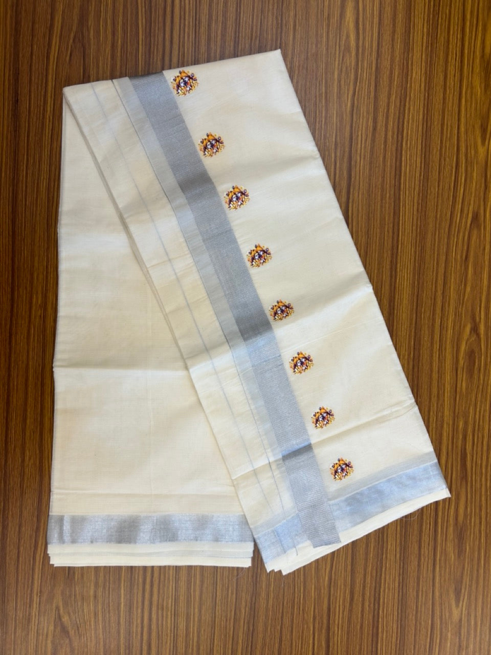 18% Discount !! KaithariKada Balaramapuram Double Off white (Unbleached) Mundu/Dhoti - Mixed Cotton (80x72) - Hand Painted 3 inch Radha Krishna Silver Kasavu & Yellow Design Kara 4 mtr (8.5 muzham) - 97 KK5251 PMC
