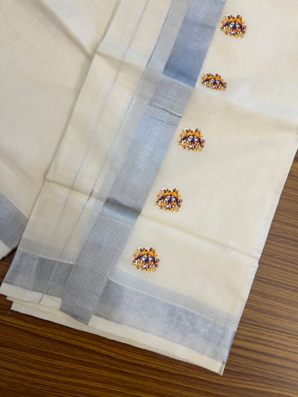 18% Discount !! KaithariKada Balaramapuram Double Off white (Unbleached) Mundu/Dhoti - Mixed Cotton (80x72) - Hand Painted 3 inch Radha Krishna Silver Kasavu & Yellow Design Kara 4 mtr (8.5 muzham) - 97 KK5251 PMC