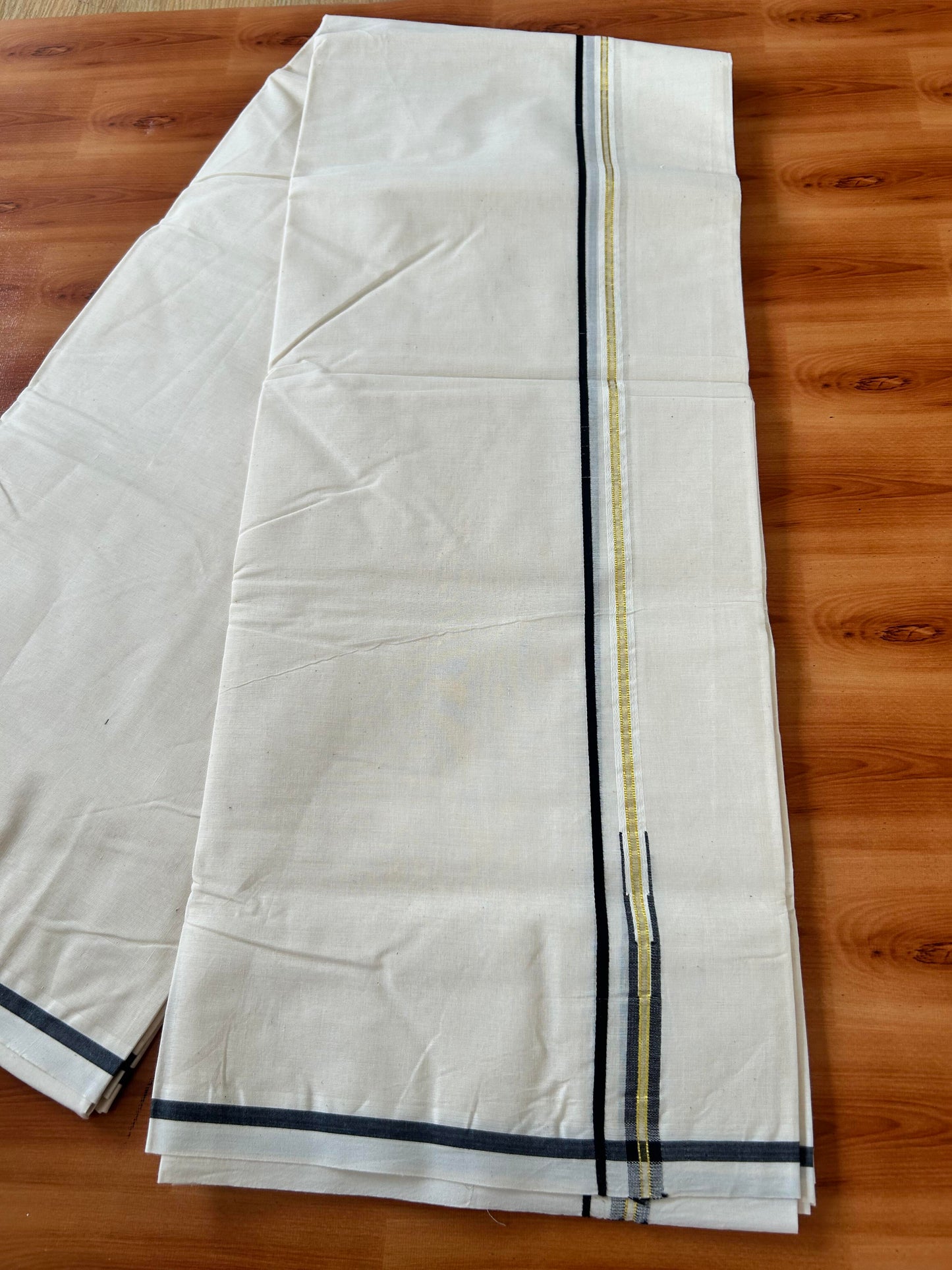 Double Off white Mundu/Dhoti - 20% Discount! KaithariKada Balaramapuram - 100% Cotton 100x100 - 0.4 inch Puliyilakkara Gold Kasav & Black Chutty Kara 4 mtr (8.5 muzham) - 7 KK5424 ASH