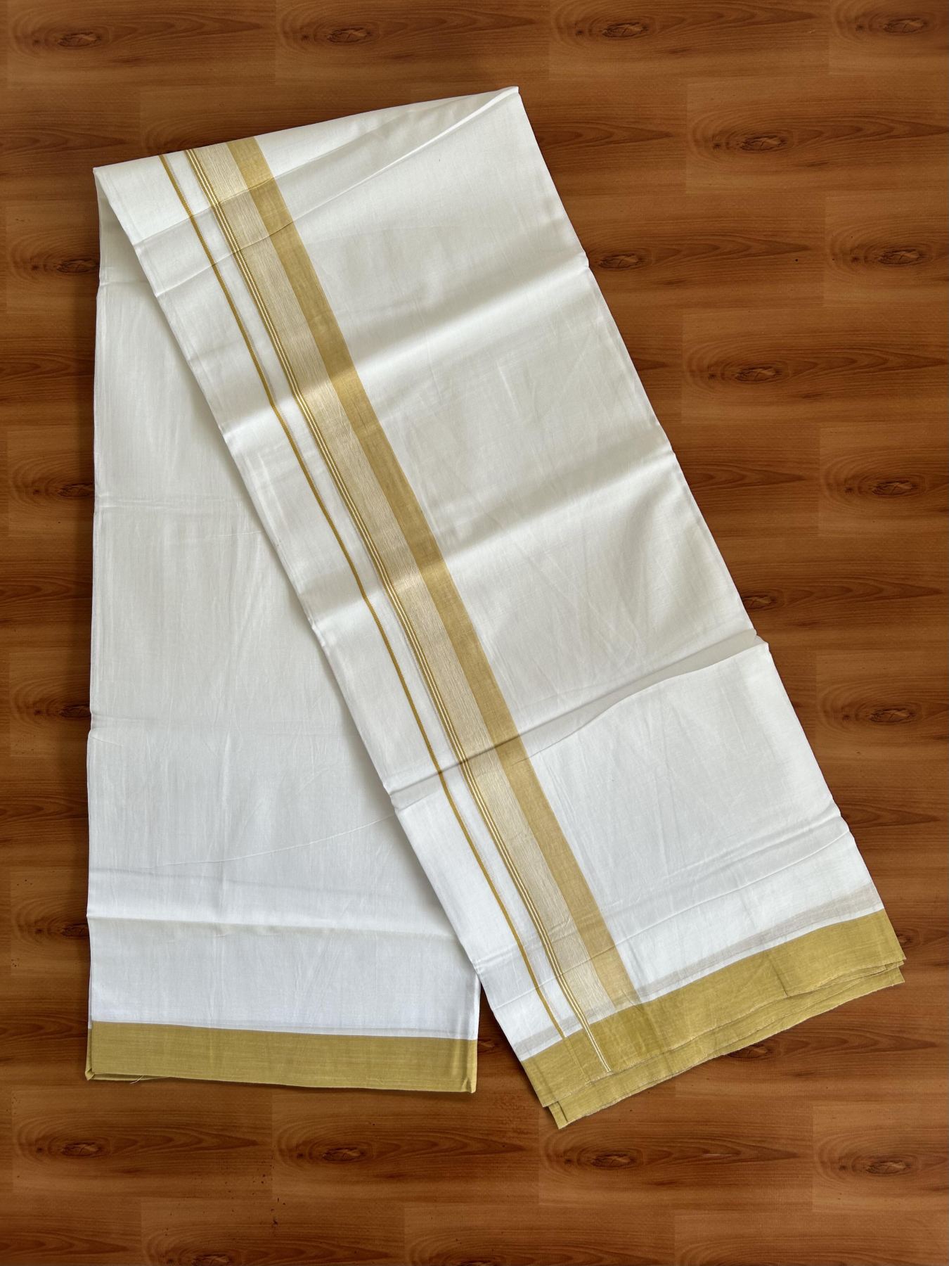 20% Discount ! KaithariKada Balaramapuram - 100% Pure Cotton Pure white Double Mundu/Dhothi 100x80 - 1.5 inch Mustard Yellow Shaded Kara 4.5 Meters (10 Muzham) - 2 KK5391 THI