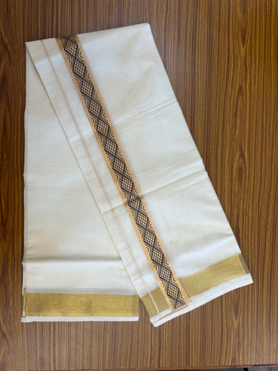 20% Discount! KaithariKada Balaramapuram Double Off White - (Unbleached) Mundu/Dhoti - Mixed Cotton (80x72) - Hand Printed 1.75 inch Gold Kasavu & Black Design Kara 4 mtr (8.5 muzham) - 102 KK5251 PMC