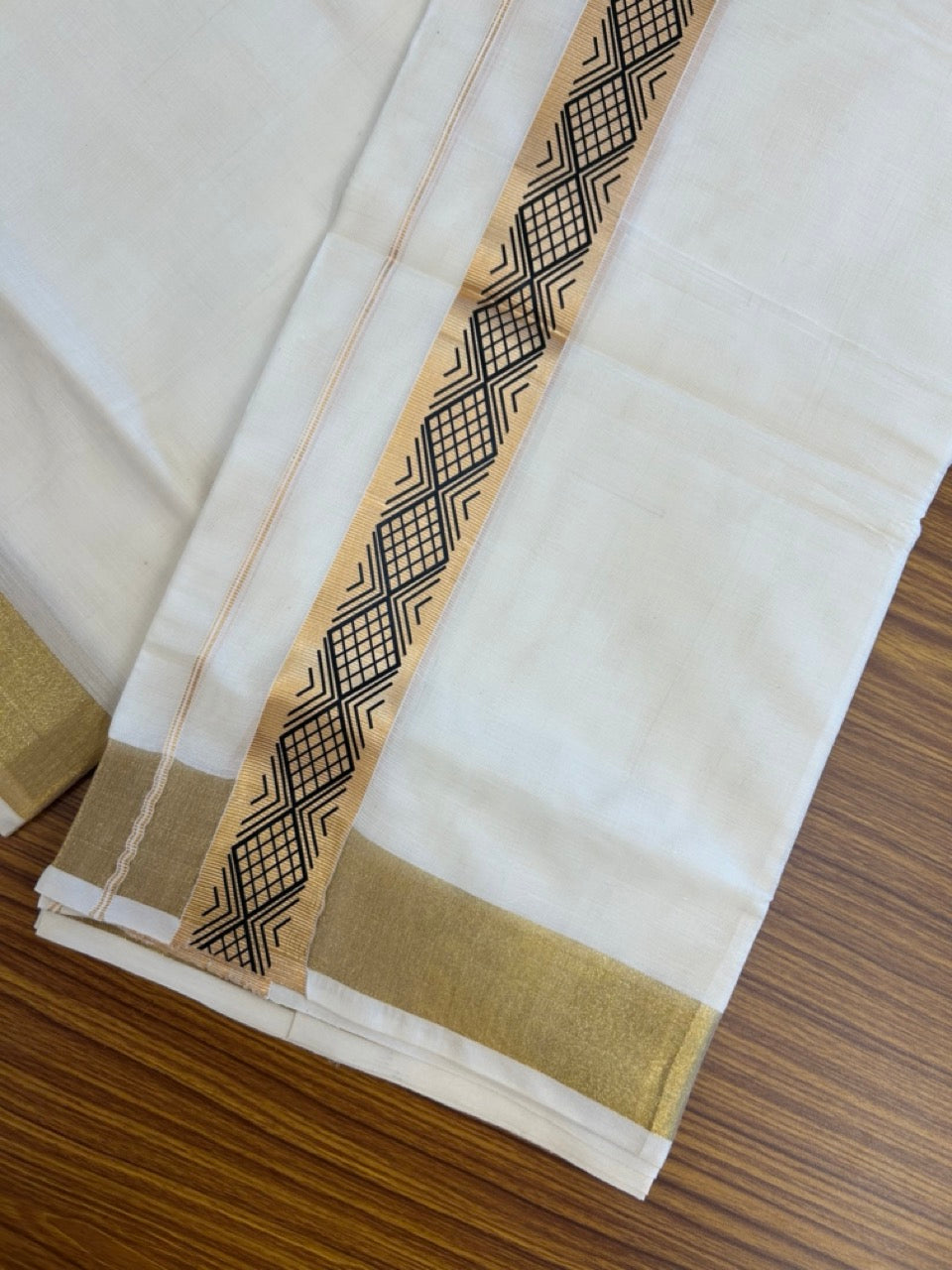 20% Discount! KaithariKada Balaramapuram Double Off White - (Unbleached) Mundu/Dhoti - Mixed Cotton (80x72) - Hand Printed 1.75 inch Gold Kasavu & Black Design Kara 4 mtr (8.5 muzham) - 102 KK5251 PMC