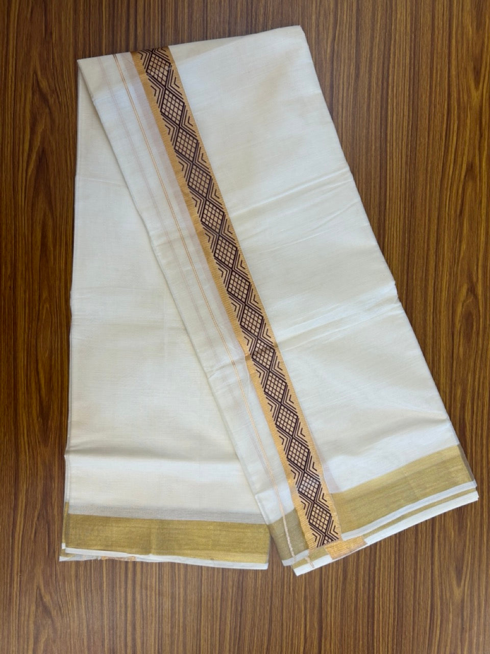 20% Discount! KaithariKada Balaramapuram Double Off White - (Unbleached) Mundu/Dhoti - Mixed Cotton (80x72) - Hand Printed 2 inch Gold Kasavu & Brown Design Kara 4 mtr (8.5 muzham) - 103 KK5251 PMC
