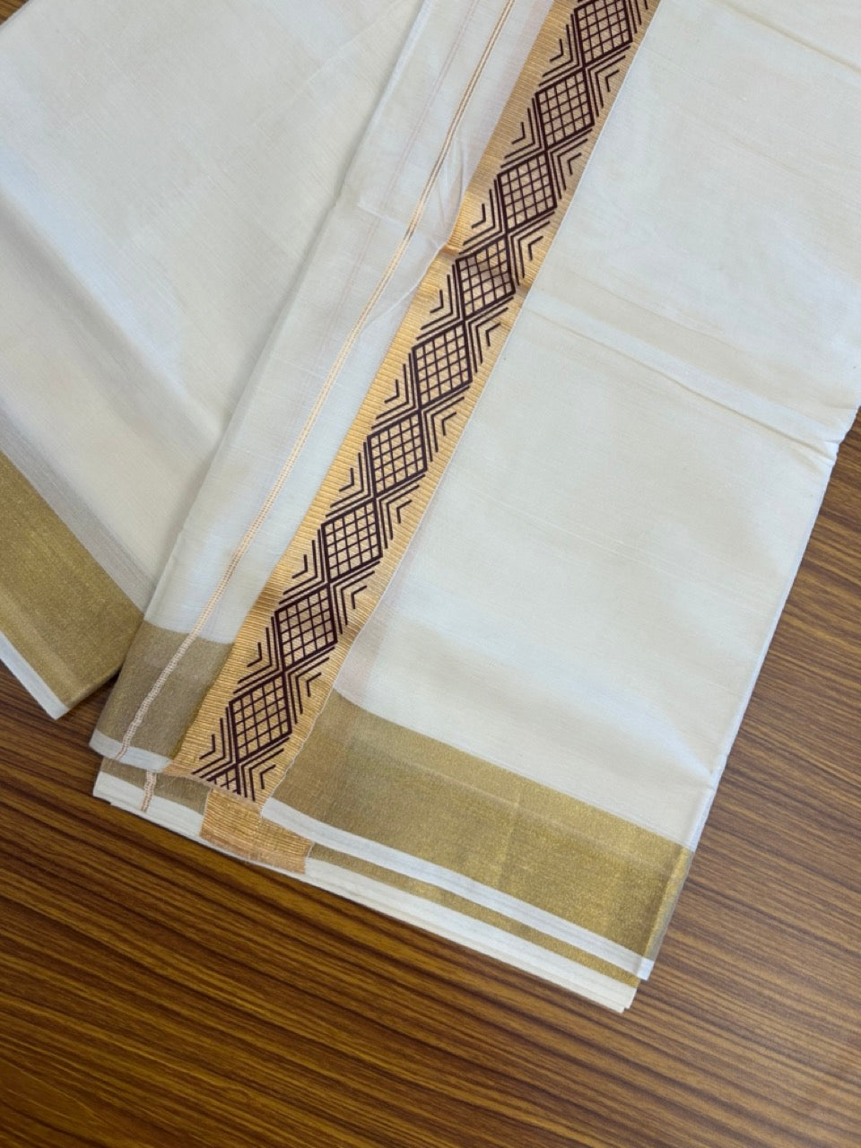 20% Discount! KaithariKada Balaramapuram Double Off White - (Unbleached) Mundu/Dhoti - Mixed Cotton (80x72) - Hand Printed 2 inch Gold Kasavu & Brown Design Kara 4 mtr (8.5 muzham) - 103 KK5251 PMC