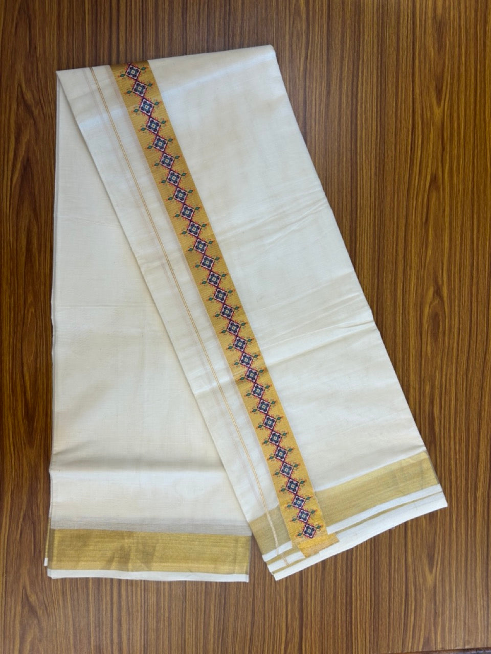 20% Discount! KaithariKada Balaramapuram Double Off White - (Unbleached) Mundu/Dhoti - Mixed Cotton (80x72) - Hand Printed 2 inch Gold Kasavu Multi colour Design Kara 4 mtr (8.5 muzham) - 104 KK5251 PMC