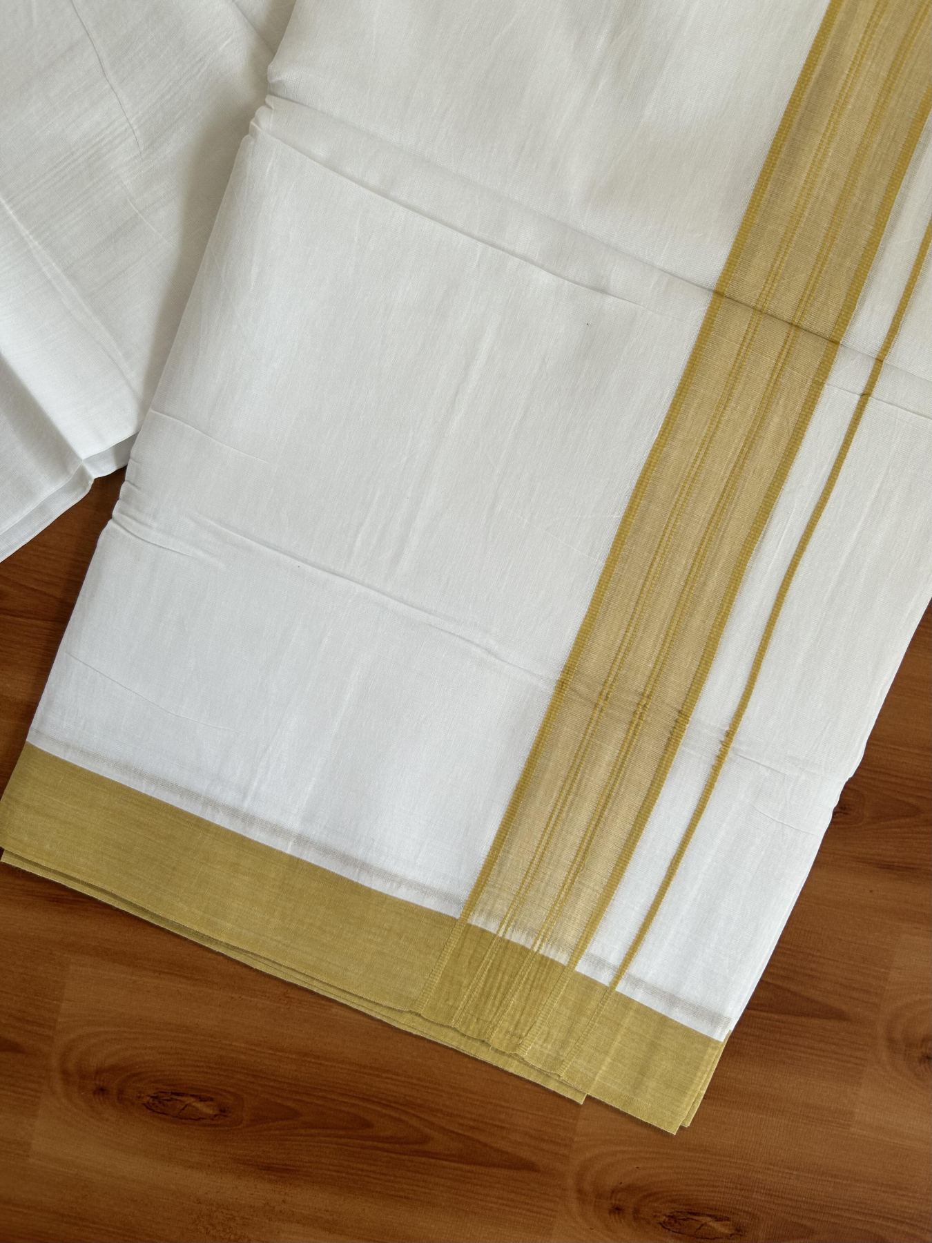 20% Discount ! KaithariKada Balaramapuram - 100% Pure Cotton Pure white Double Mundu / Dothi 100x80 - 1.5 inch Mustard Yellow Shaded Kara 4.5 Meters (10 Muzham) - 3 KK5391 THI