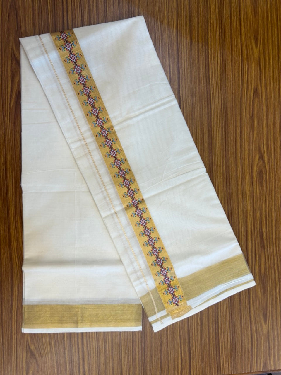 20% Discount! KaithariKada Balaramapuram Double Off White - (Unbleached) Mundu/Dhoti - Mixed Cotton (80x72) - Hand Printed 2 inch Gold Kasavu Multi colour Design Kara 4 mtr (8.5 muzham) - 105 KK5251 PMC
