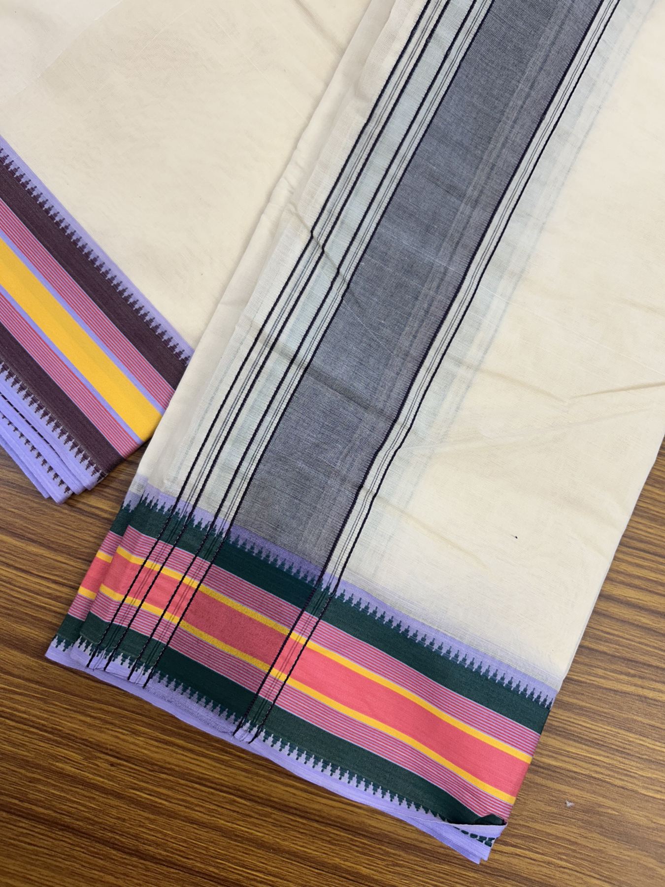 Panchakacham Dhoti - 20% Discount! KaithariKada 100% Cotton Off White - (Unbleached) - Pure Cotton -100x100 thread - North Indian - Attached Gamcha 9X5 Dhoti Violet Green kara with Brown Green Pink & Orange Striped border - 11 KK5325 PMC