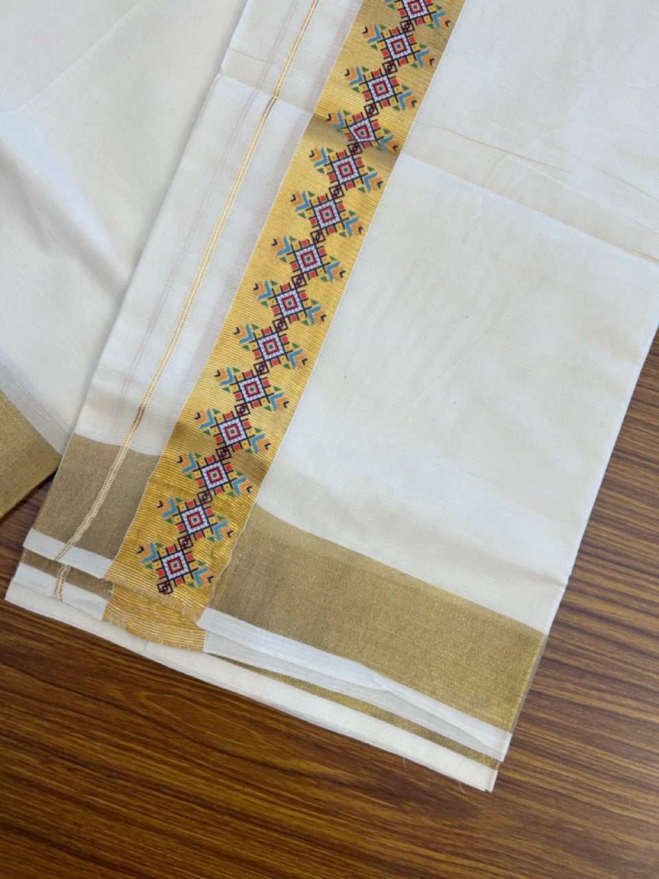 20% Discount! KaithariKada Balaramapuram Double Off White - (Unbleached) Mundu/Dhoti - Mixed Cotton (80x72) - Hand Printed 2 inch Gold Kasavu Multi colour Design Kara 4 mtr (8.5 muzham) - 105 KK5251 PMC