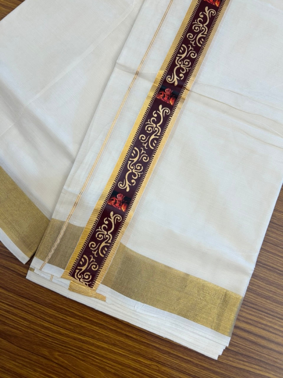 20% Discount!! KaithariKada Balaramapuram Double Off White - (Unbleached) Mundu/Dhoti - Mixed Cotton (80x72) - 1.75 inch Hand Printed Theyyam Gold Kasavu & Brown Pattern Design Kara - 106 KK5251 PMC