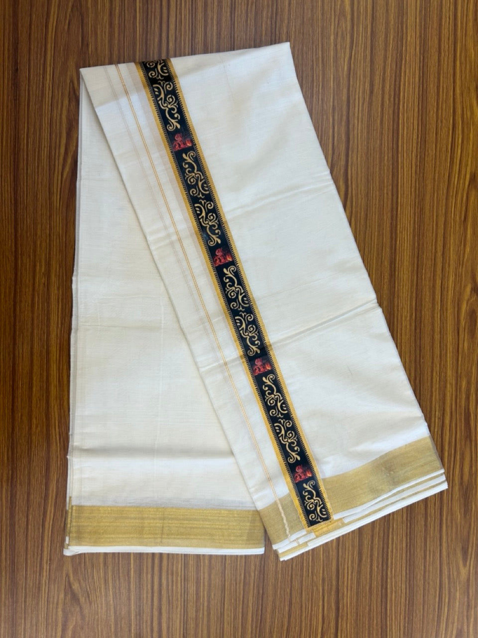 20% Discount!! KaithariKada Balaramapuram Double Off White - (Unbleached) Mundu/Dhoti - Mixed Cotton (80x72) - 1.75 inch Hand Printed Theyyam Gold Kasavu & Black Pattern Design Kara - 107 KK5251 PMC