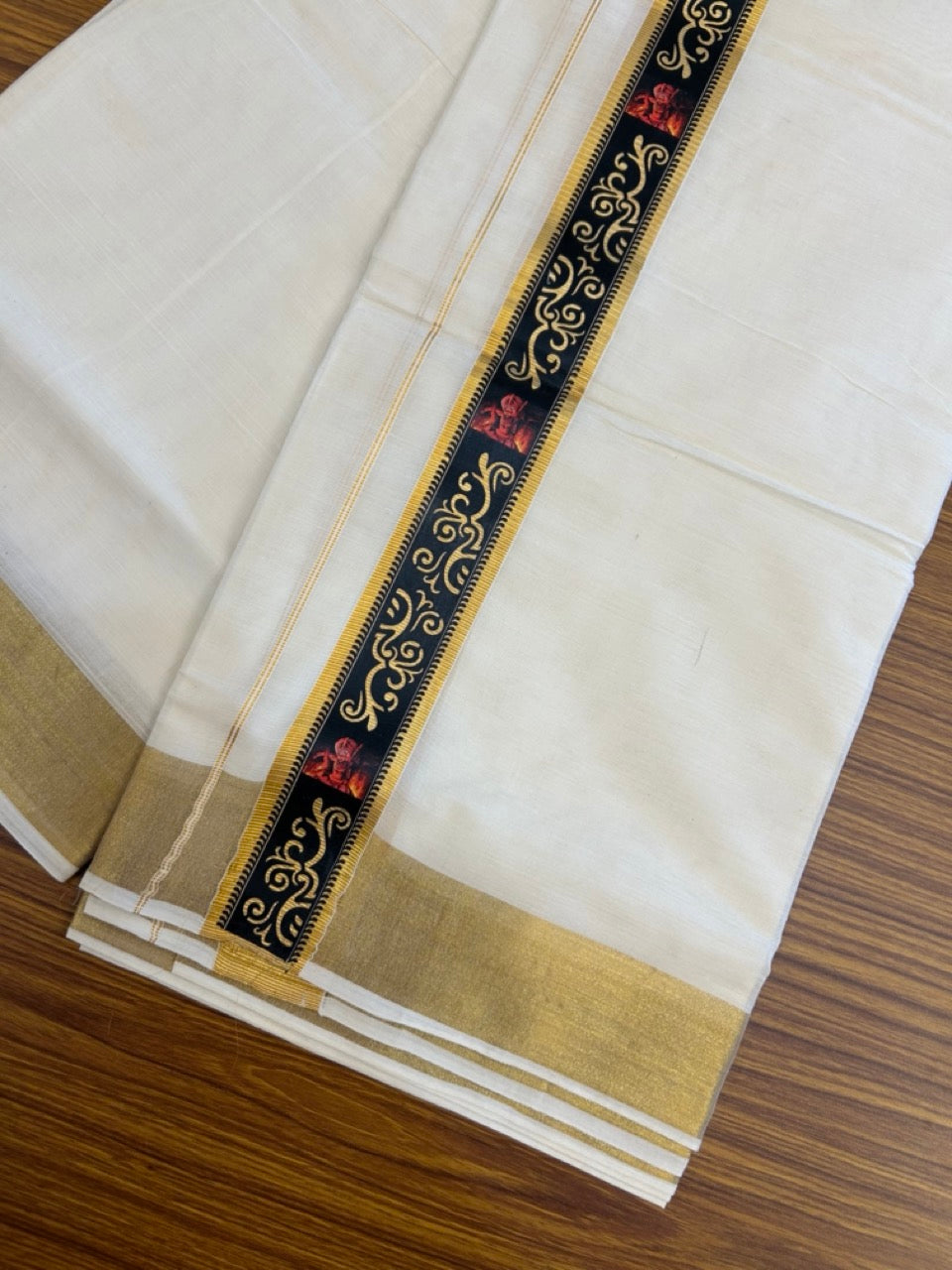 20% Discount!! KaithariKada Balaramapuram Double Off White - (Unbleached) Mundu/Dhoti - Mixed Cotton (80x72) - 1.75 inch Hand Printed Theyyam Gold Kasavu & Black Pattern Design Kara - 107 KK5251 PMC