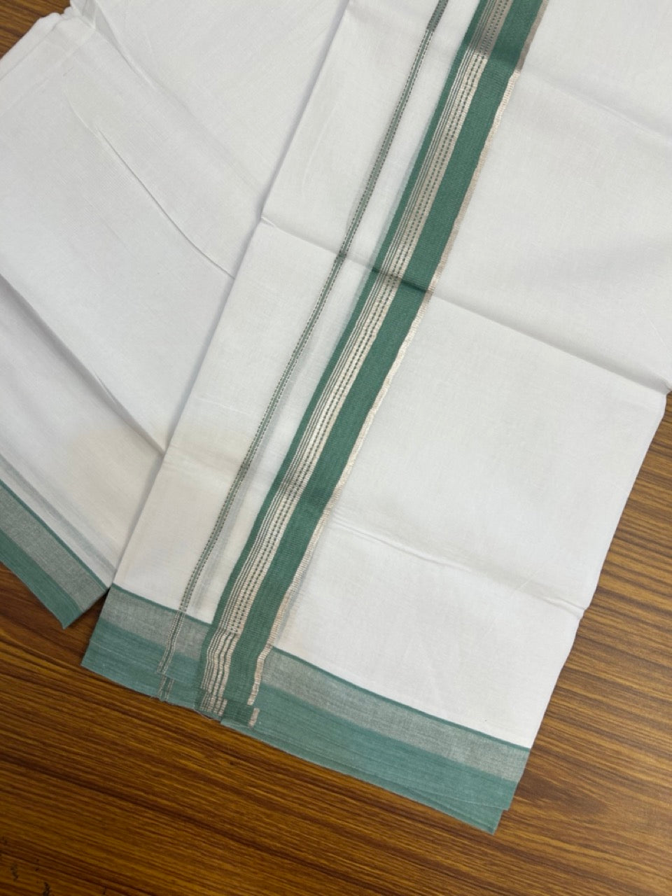 20% Discount ! Kaitharikada Balaramapuram 100% Cotton Pure White Double Mundu/Dothi - 100x80 - 1.25 inch Light Teal Green & Silver Kasav Striped Kara 3.90 mtr (8 muzham) - 54 KK5285 VAS