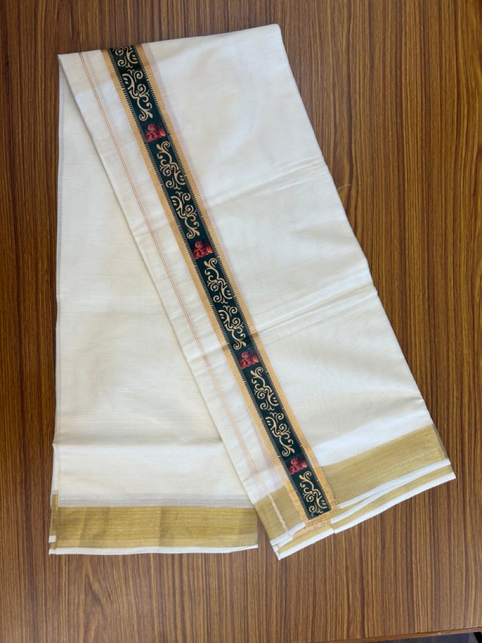 20% Discount!! KaithariKada Balaramapuram Double Off White - (Unbleached) Mundu/Dhoti - Mixed Cotton (80x72) - 1.75 inch Hand Printed Theyyam Gold Kasavu & Dark Green Pattern Design Kara - 108 KK5251 PMC