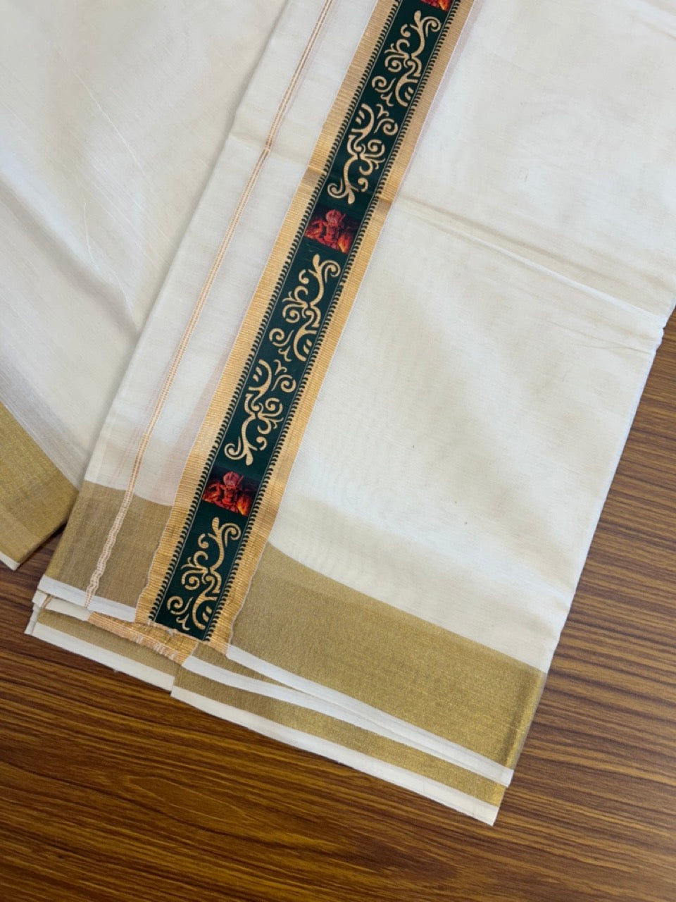 20% Discount!! KaithariKada Balaramapuram Double Off White - (Unbleached) Mundu/Dhoti - Mixed Cotton (80x72) - 1.75 inch Hand Printed Theyyam Gold Kasavu & Dark Green Pattern Design Kara - 108 KK5251 PMC