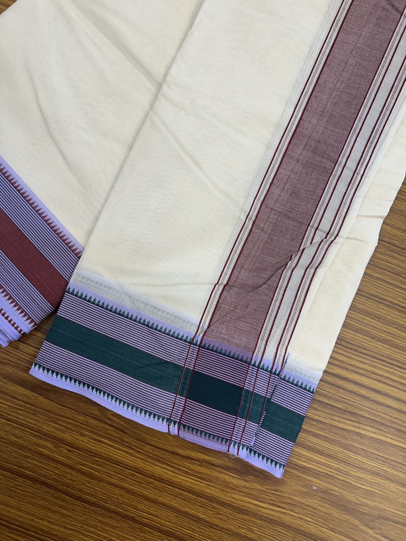 Panchakacham Dhoti - 20% Discount! KaithariKada 100% Cotton Off White - (Unbleached) - Pure Cotton -100x100 thread - North Indian - Attached Gamcha 9X5 Dhoti Brown kara with Green Lavender & Brown Striped border - 12 KK5325 PMC