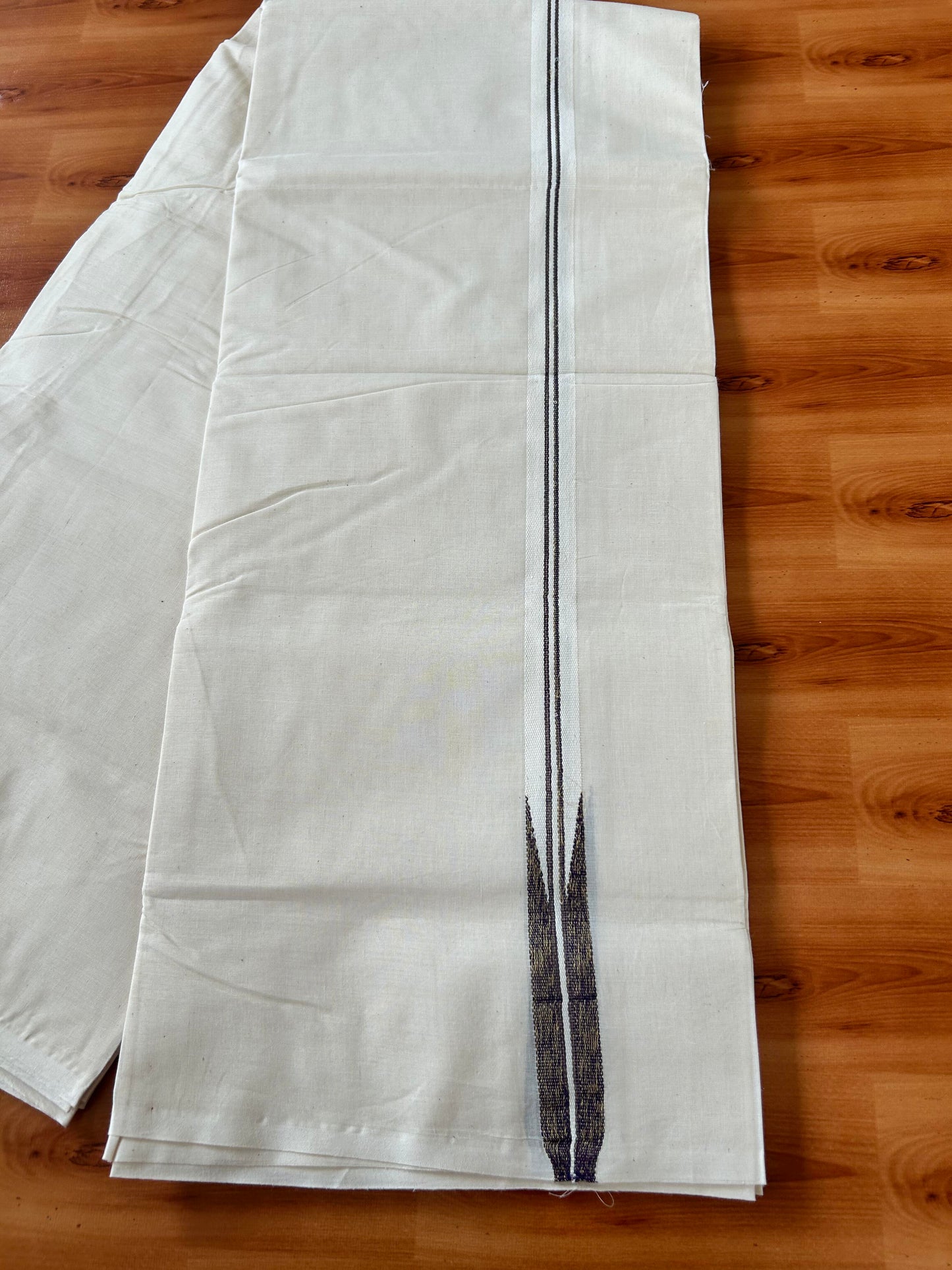 Double Off white Mundu/Dhoti - 20% Discount! KaithariKada Balaramapuram - 100% Cotton 100x100 - 1 inch Puliyilakkara Gold Kasav & Dark Purple Shaded Chutty Kara 4 mtr (8.5 muzham) - 14 KK5424 ASH