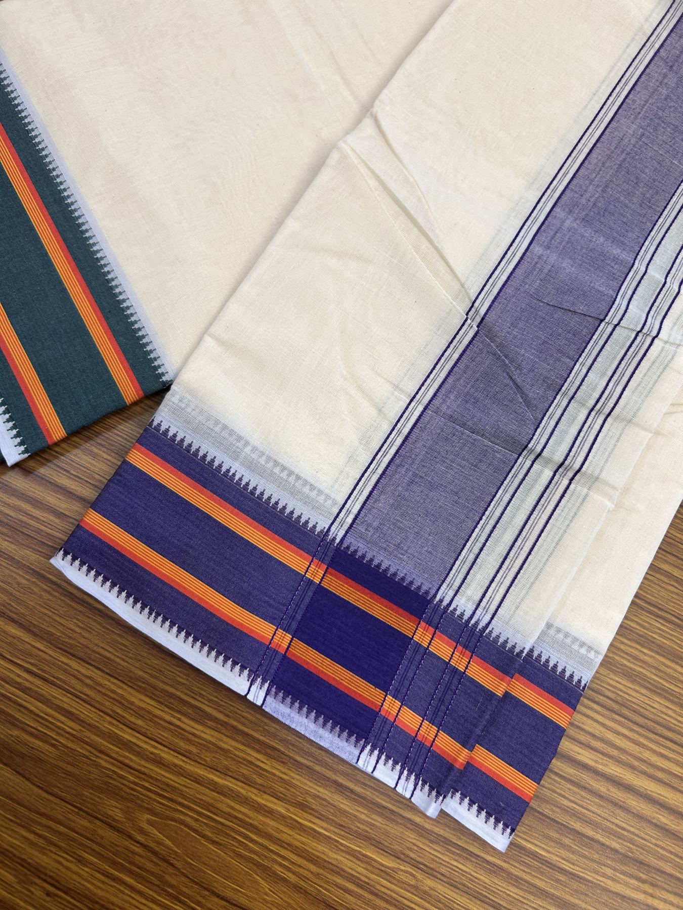 Panchakacham Dhoti - 20% Discount! KaithariKada 100% Cotton Off White - (Unbleached) - Pure Cotton -100x100 thread - North Indian - Attached Gamcha 9X5 Dhoti Violet Green kara with Green Orange & Violet Striped border - 13 KK5325 PMC