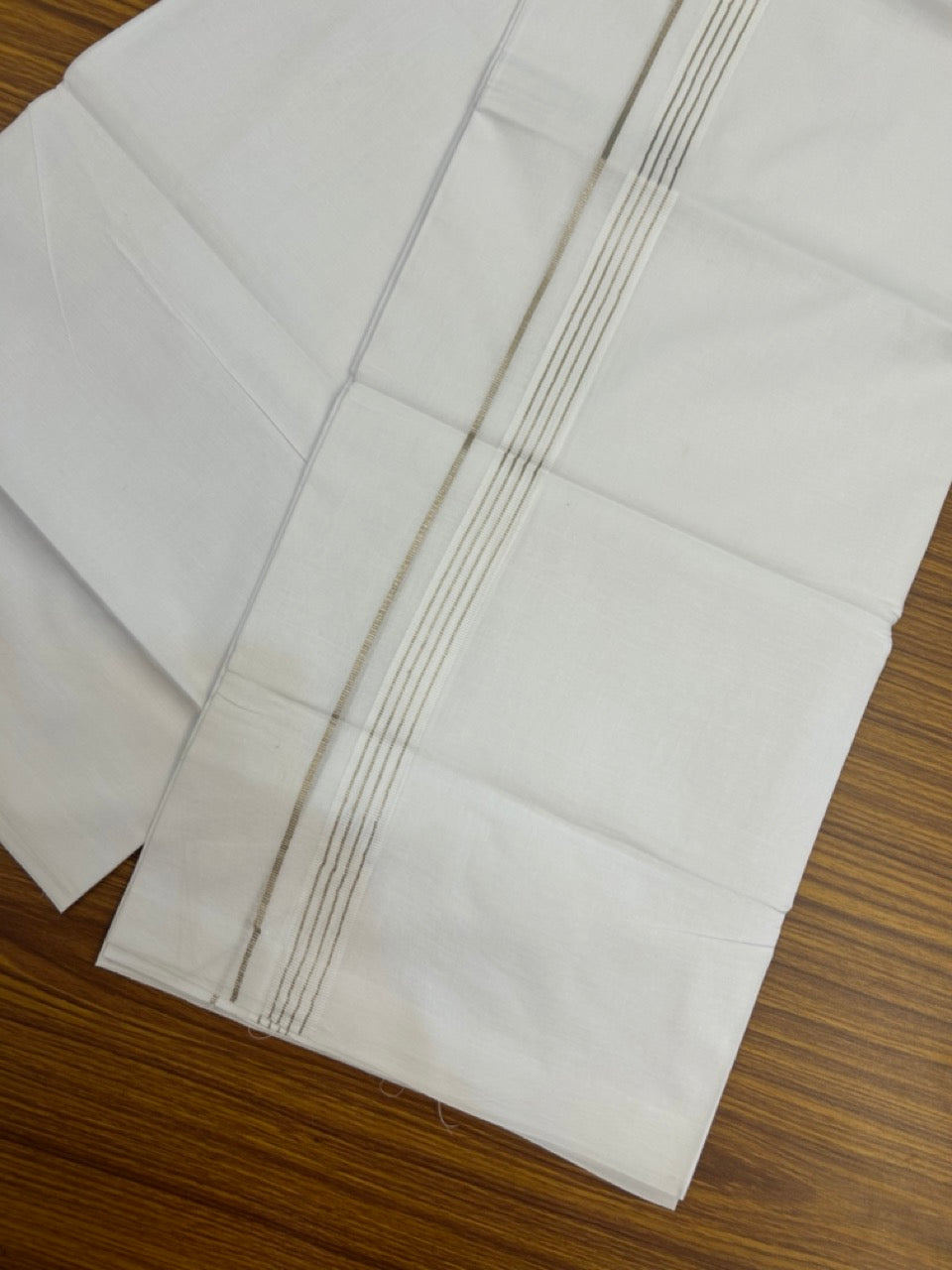 20% Discount ! Kaitharikada Balaramapuram 100% Cotton Pure White Double Mundu/Dothi - 100x80 - 0.75 inch Silver Kasav Striped Kara 3.90 mtr (8 muzham) - 50 KK5285 VAS