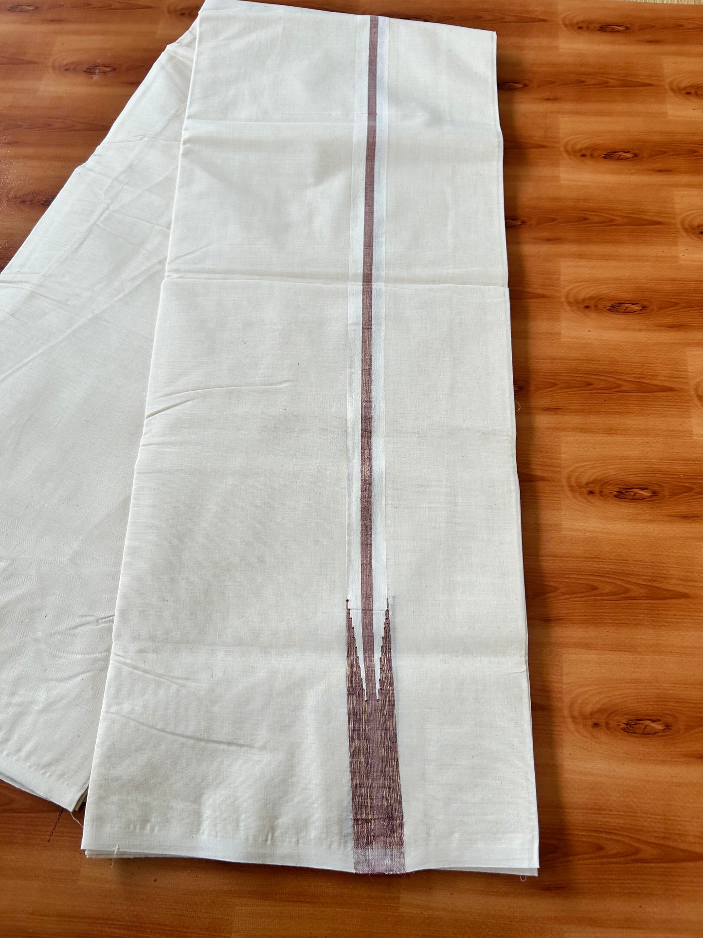 Double Off white Mundu/Dhoti - 20% Discount! KaithariKada Balaramapuram - 100% Cotton 100x100 - 1 inch Puliyilakkara Gold Kasav & Maroon Shaded Chutty Kara 4 mtr (8.5 muzham) - 10 KK5424 ASH