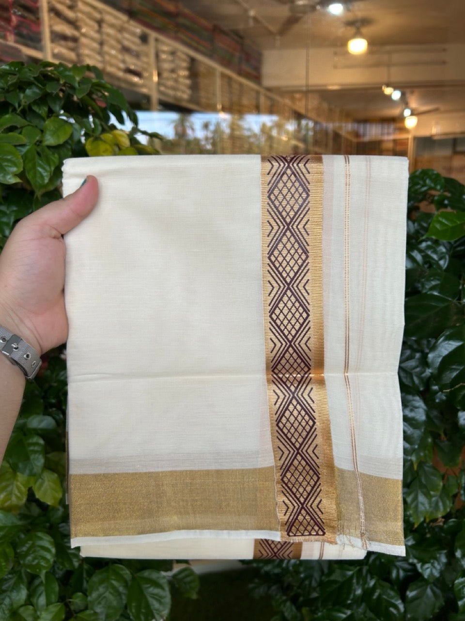 20% Discount! KaithariKada Balaramapuram Double Off White - (Unbleached) Mundu/Dhoti - Mixed Cotton (80x72) - Hand Printed 2 inch Gold Kasavu & Brown Design Kara 4 mtr (8.5 muzham) - 103 KK5251 PMC