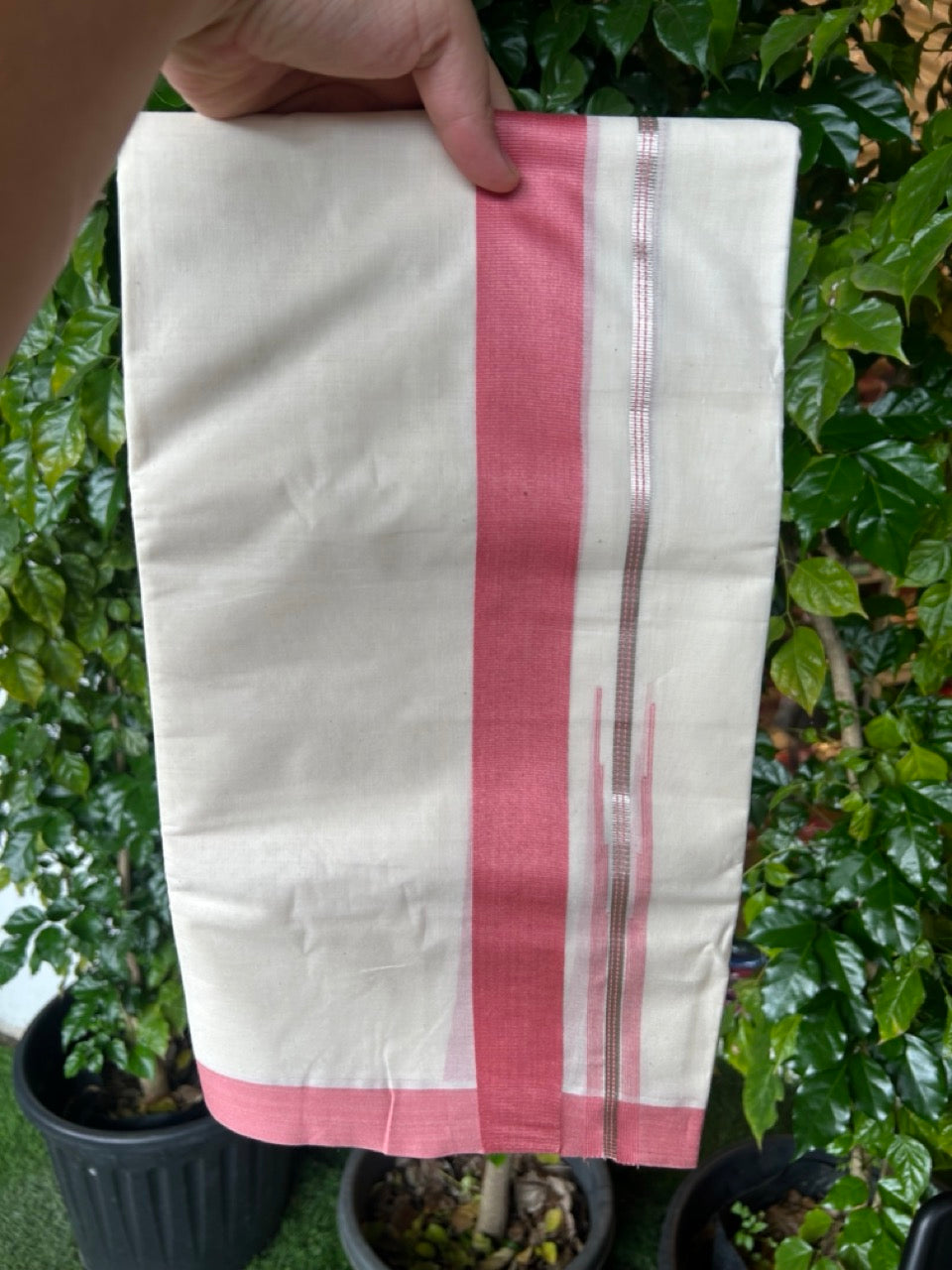 20% Discount ! KaithariKada Balaramapuram 100% Cotton Double OFF WHITE - (Unbleached) - Mundu / Dhoti- 100x80 - Puliyilakkara 1.5 inch Silver kasavu Rose Pink striped chutty - 40KK5213 VIN
