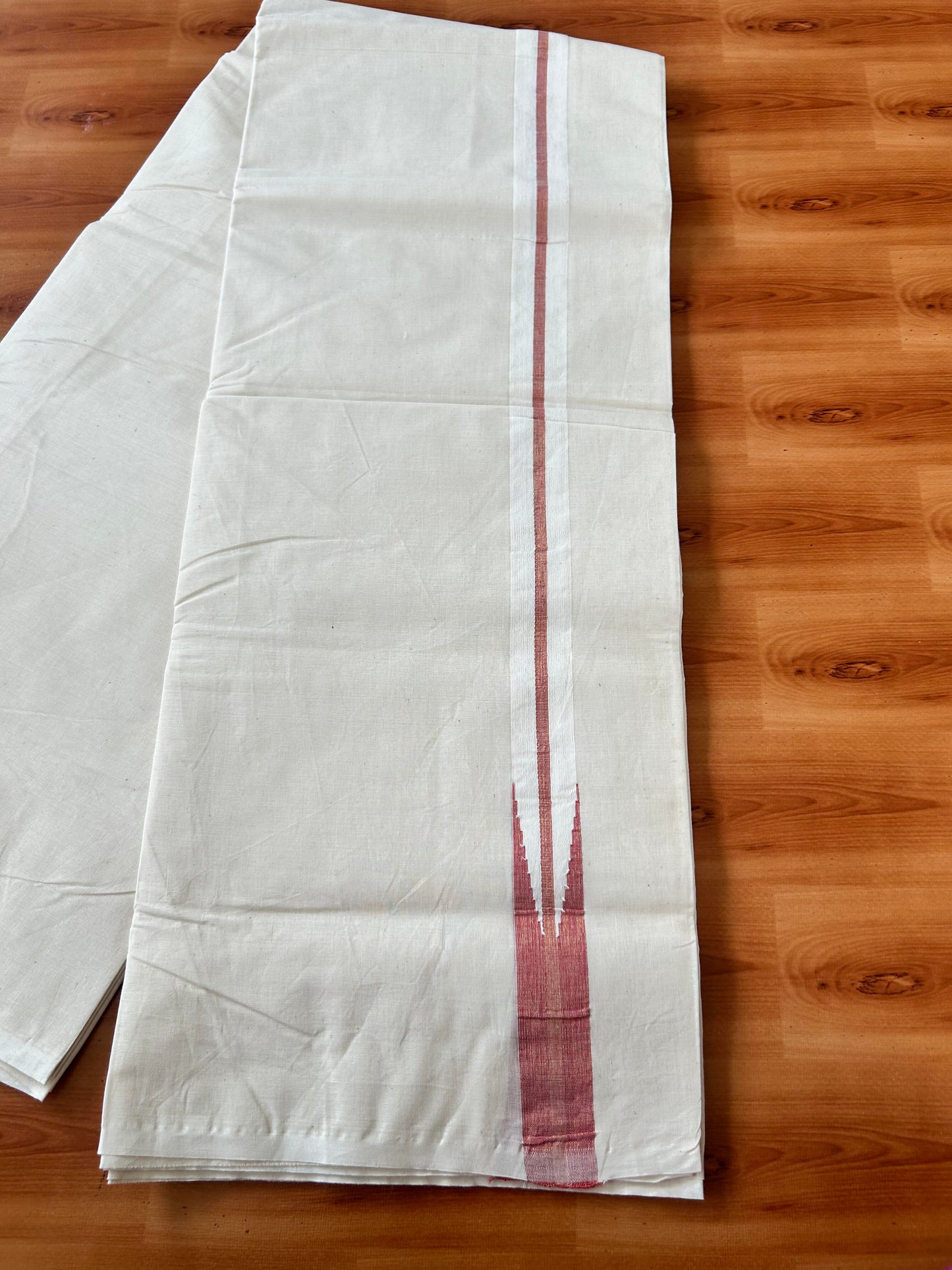 Double Off white Mundu/Dhoti - 20% Discount! KaithariKada Balaramapuram - 100% Cotton 100x100 - 1 inch Puliyilakkara Gold Kasav & Peach Shaded Chutty Kara 4 mtr (8.5 muzham) - 11 KK5424 ASH