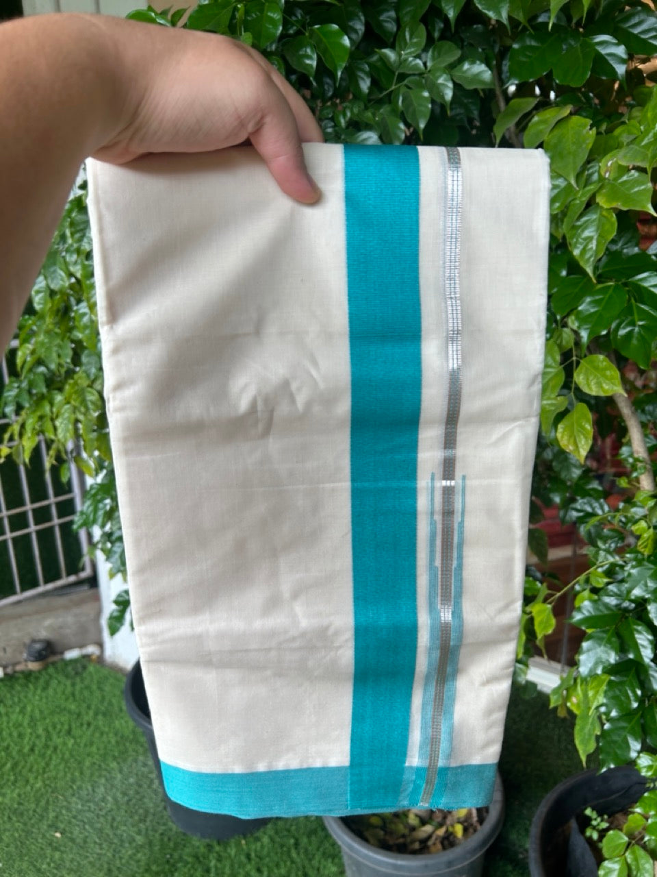 20% Discount ! KaithariKada Balaramapuram 100% Cotton Double OFF WHITE - (Unbleached) - Mundu / Dhoti- 100x80 - Puliyilakkara 1.5 inch Silver kasavu Turquoise striped chutty - 44KK5213 VIN