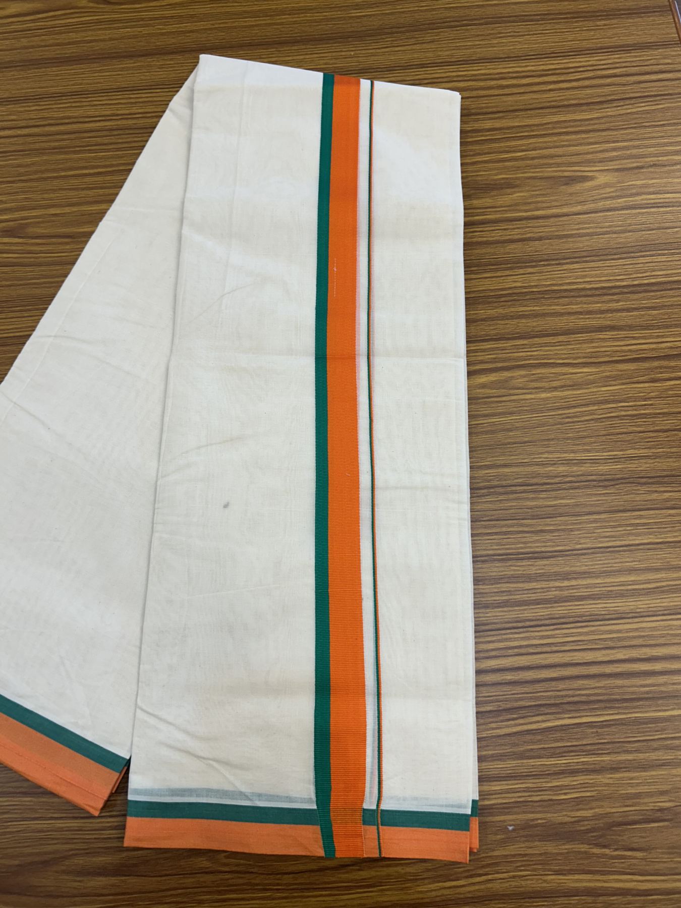 Bjp Veshti - 20% Discount! KaithariKada 100% Cotton off white Double - (Unbleached) Mundu/Dhoti - 100X80 - 1.25 inch Orange & Green Kara - 2 KK5325 ASH