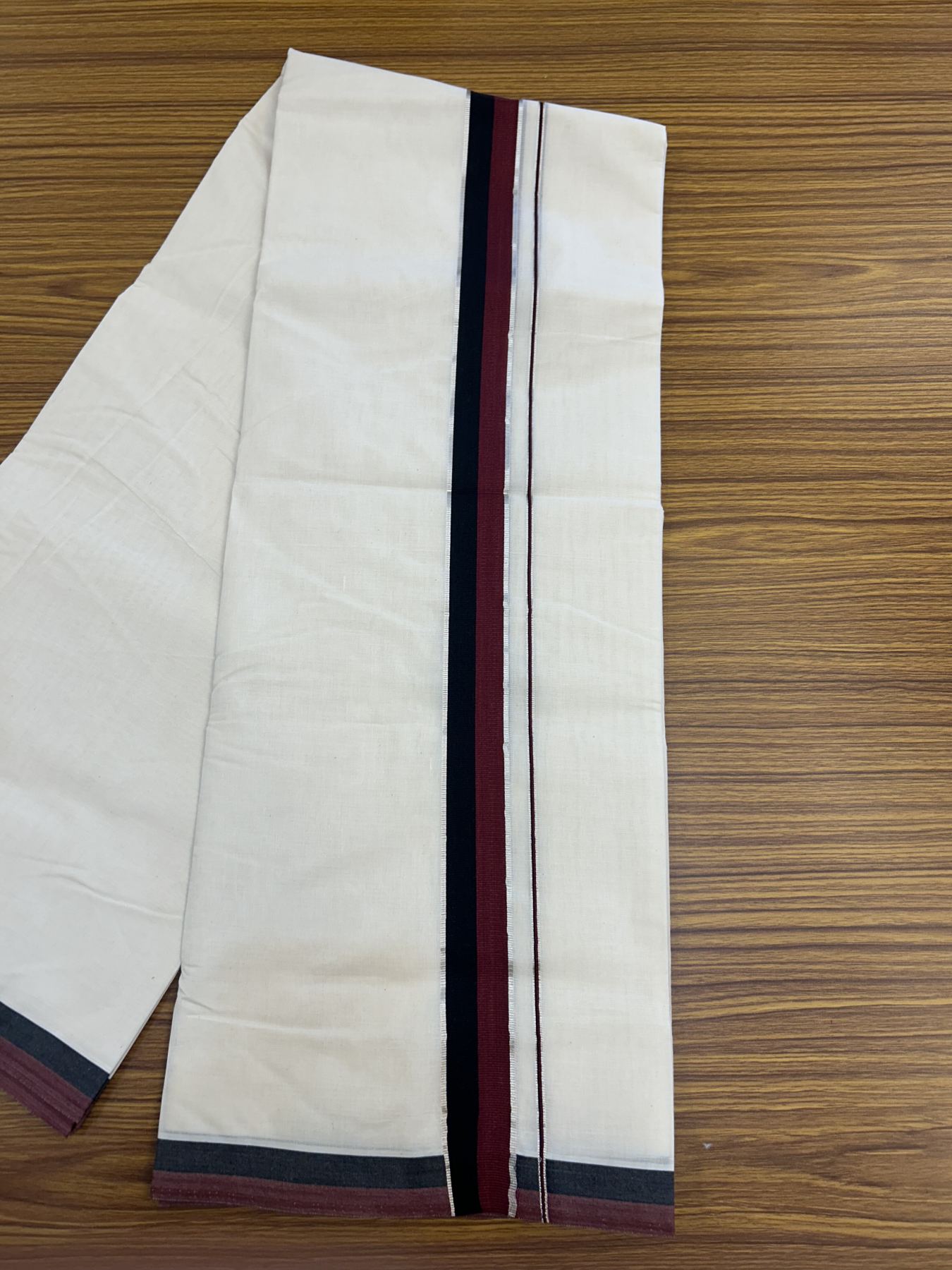 Dmk Veshti - 20% Discount! Kaitharikada 100% Cotton Off White Double - (Unbleached) Mund/Dhoti - 100X100 - 1.75 inch Silver Kasav & Black Maroon kara 4.25 M (9 muzham)- 50 KK5323 ASH
