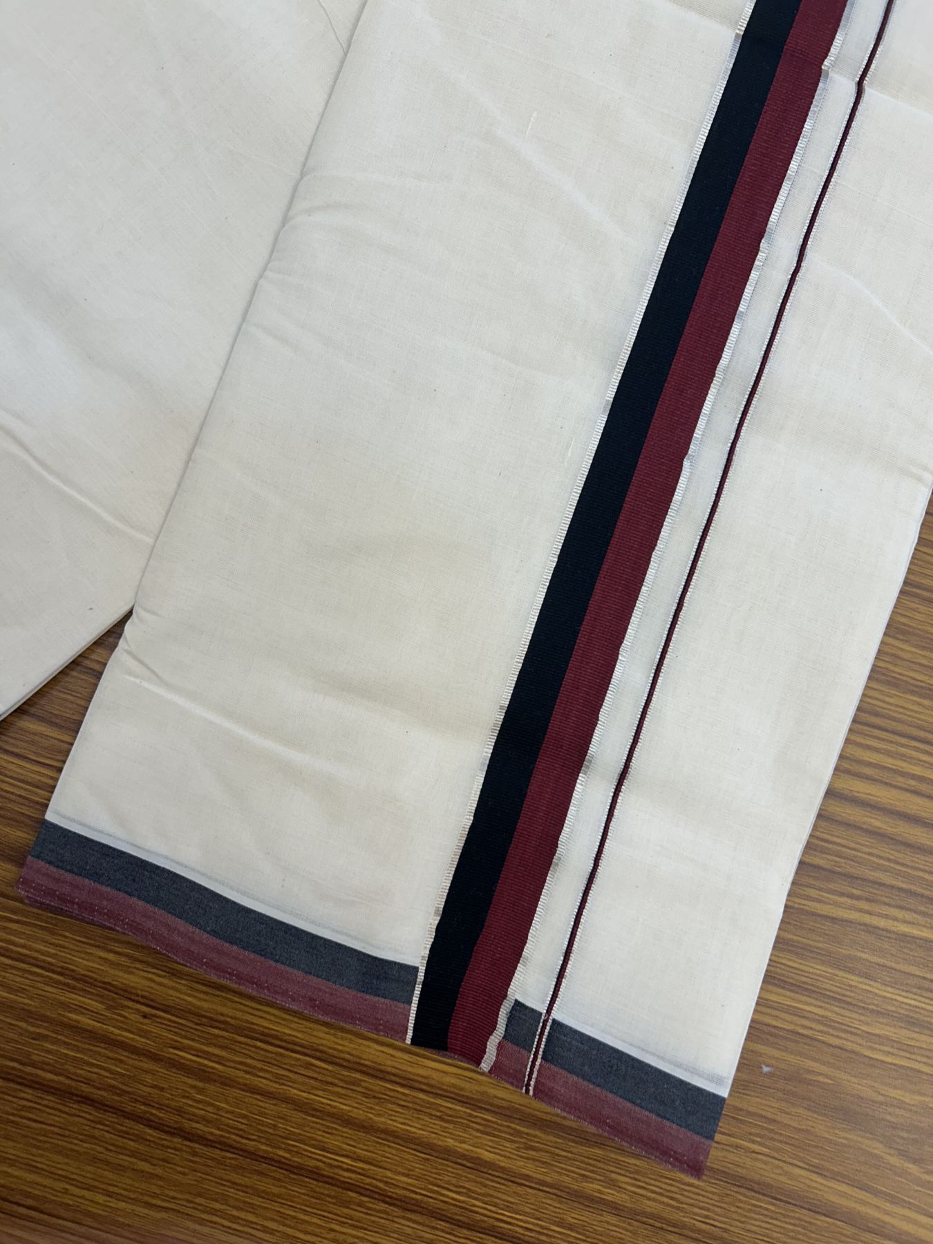 Dmk Veshti - 20% Discount! Kaitharikada 100% Cotton Off White Double - (Unbleached) Mund/Dhoti - 100X100 - 1.5 inch Silver Kasav & Black Maroon kara - 25 KK5323 ASH