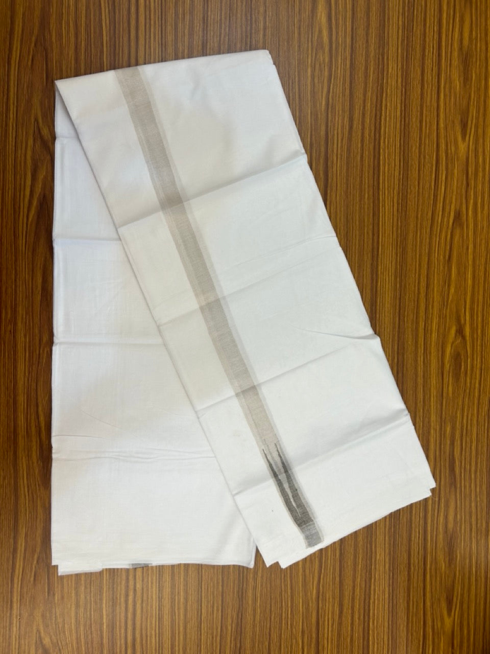 20% Discount ! Kaitharikada Balaramapuram 100% Cotton Pure White Double Mundu/Dothi - 100x80 - 1 inch Puliyilakkara Silver Kasav & Brown Chutty Kara 3.90 mtr (8 muzham) - 98 KK5285 VAS