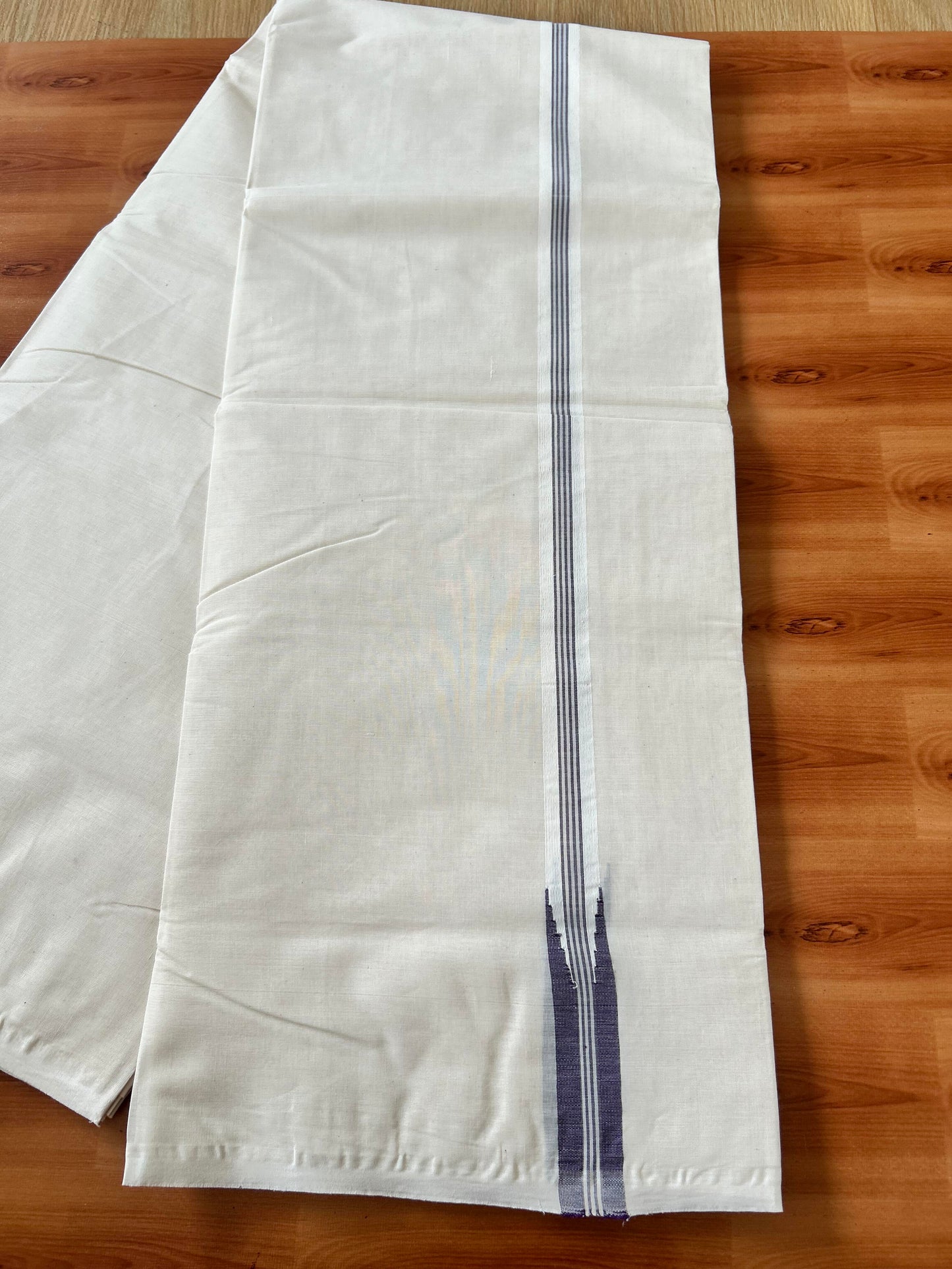 Double Off white Mundu/Dhoti - 20% Discount! KaithariKada Balaramapuram - 100% Cotton 100x100 - 0.75 inch Puliyilakkara Violet Striped Chutty Kara 4 mtr (8.5 muzham) - 2 KK5424 ASH